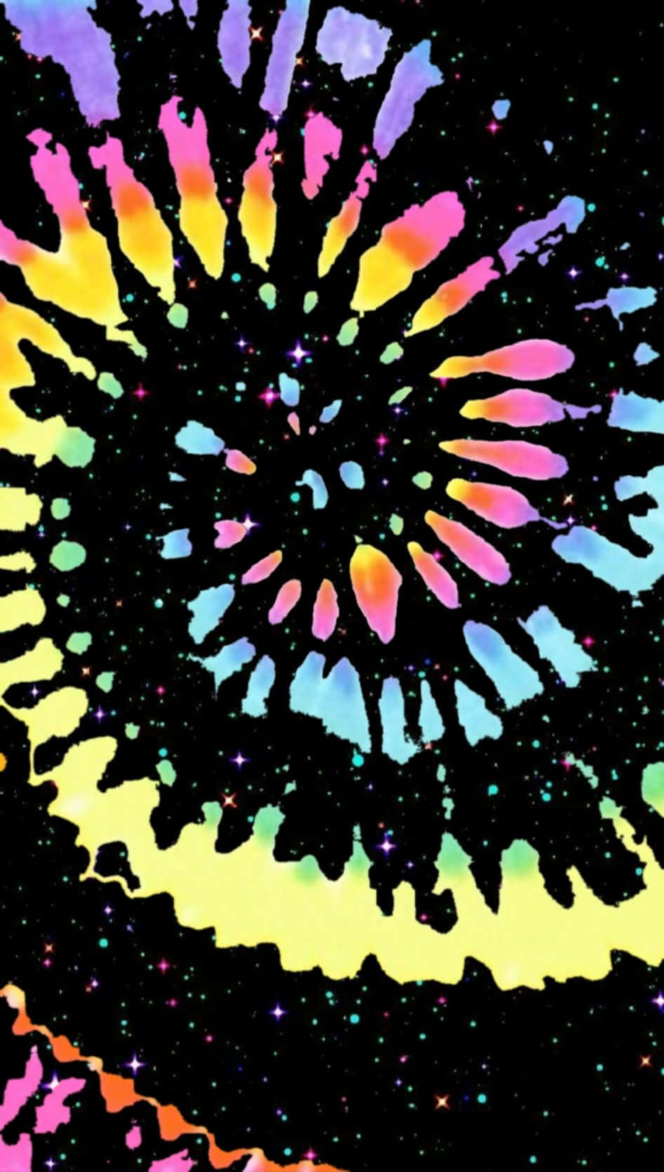 Pretty Tie Dye 桌布 壁紙 — 充滿活力的紮染爆炸從中心向外輻射，背景是星光閃爍的黑色，帶有閃爍的宇宙斑點。