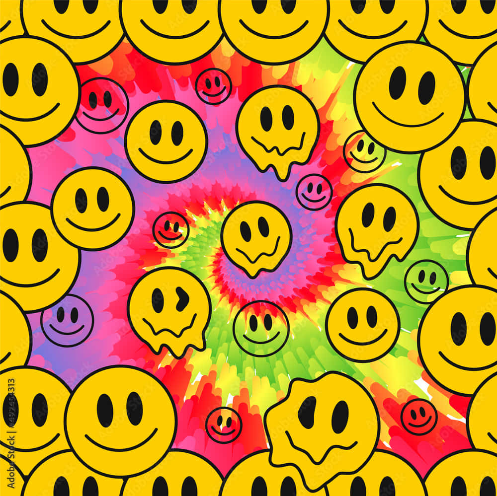 Smile Emoji 桌布 壁紙 — 充滿活力的紮染背景旋轉，帶有重複的黃色笑臉，大小和表情各異。