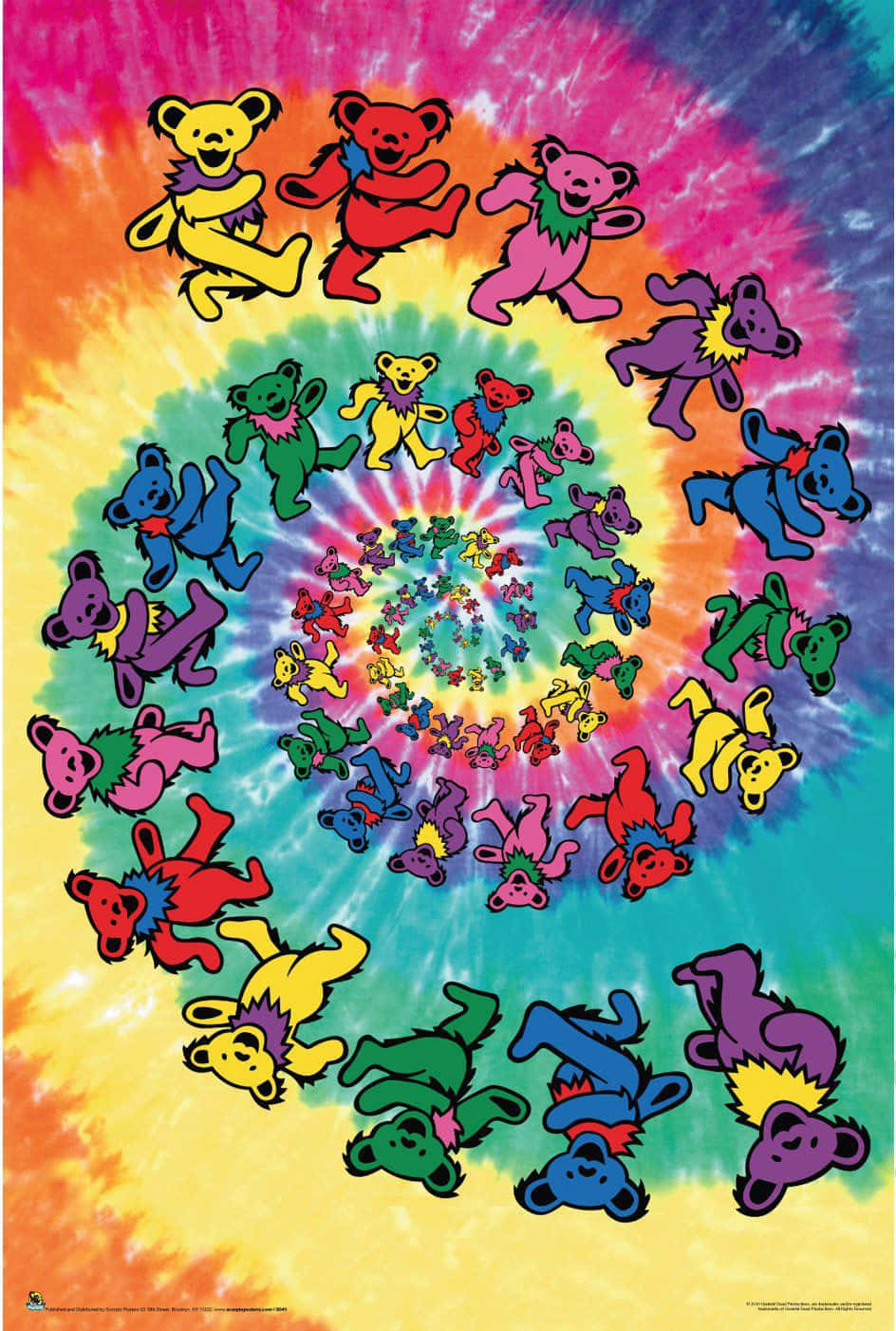 Grateful Dead iPhone 桌布 壁紙 — 充滿活力的紮染螺旋背景，帶有彩虹色的跳舞Grateful Dead熊。