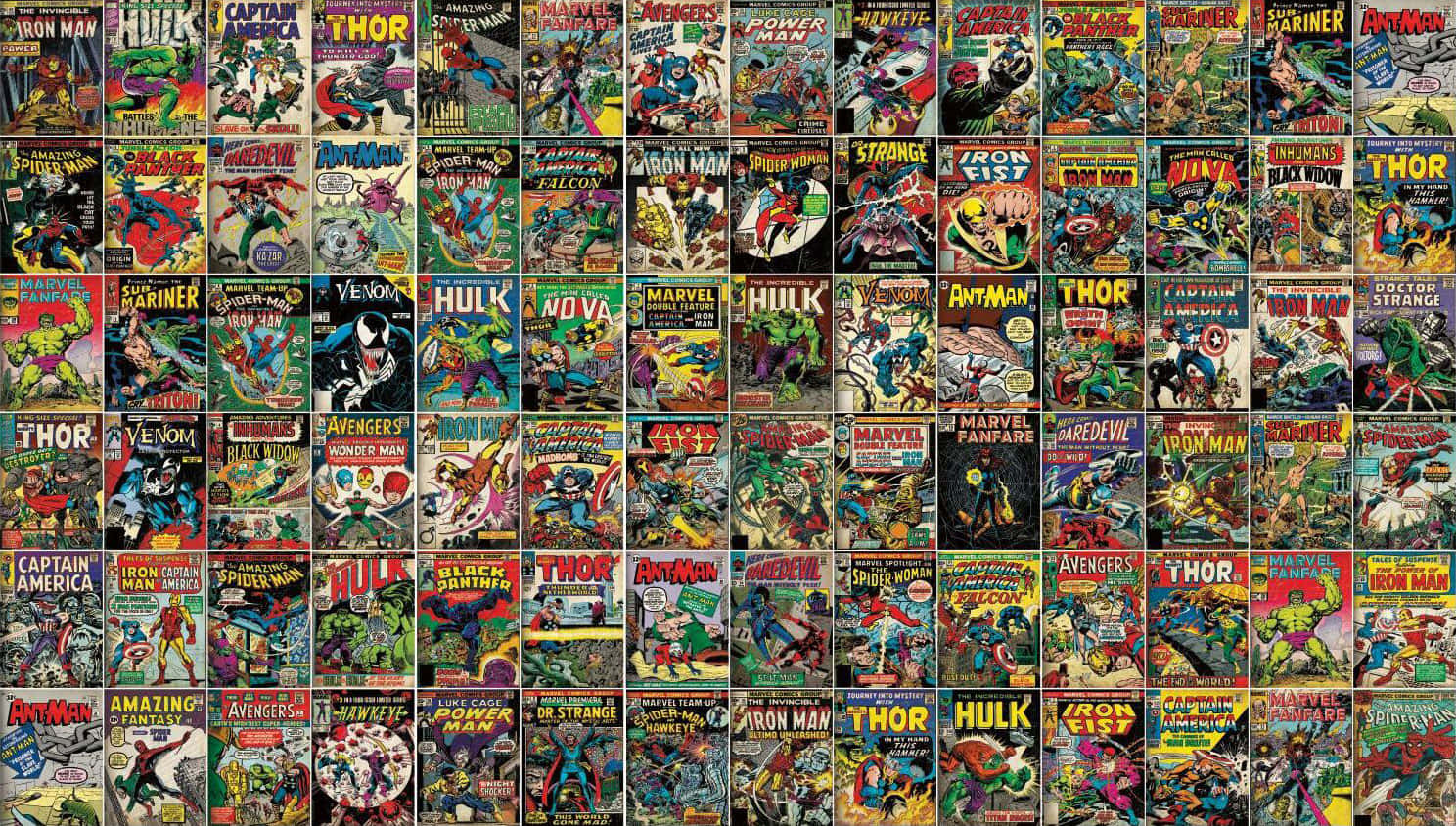 Comics 桌布 壁紙 — 充滿活力的經典Marvel漫畫封面拼貼畫， featuring 標誌性英雄如Hulk、Thor和Iron Man，展現動感動作姿態。