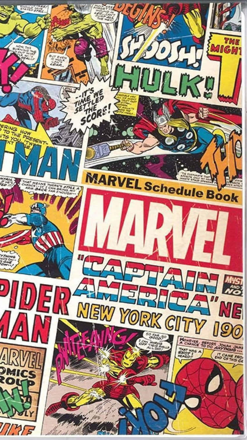 Marvel Comic Book 桌布 壁紙 — 充滿活力的經典Marvel漫畫面板拼貼畫， featuring Hulk、Thor、Captain America 和 Spider-Man 以動態動作姿勢呈現。