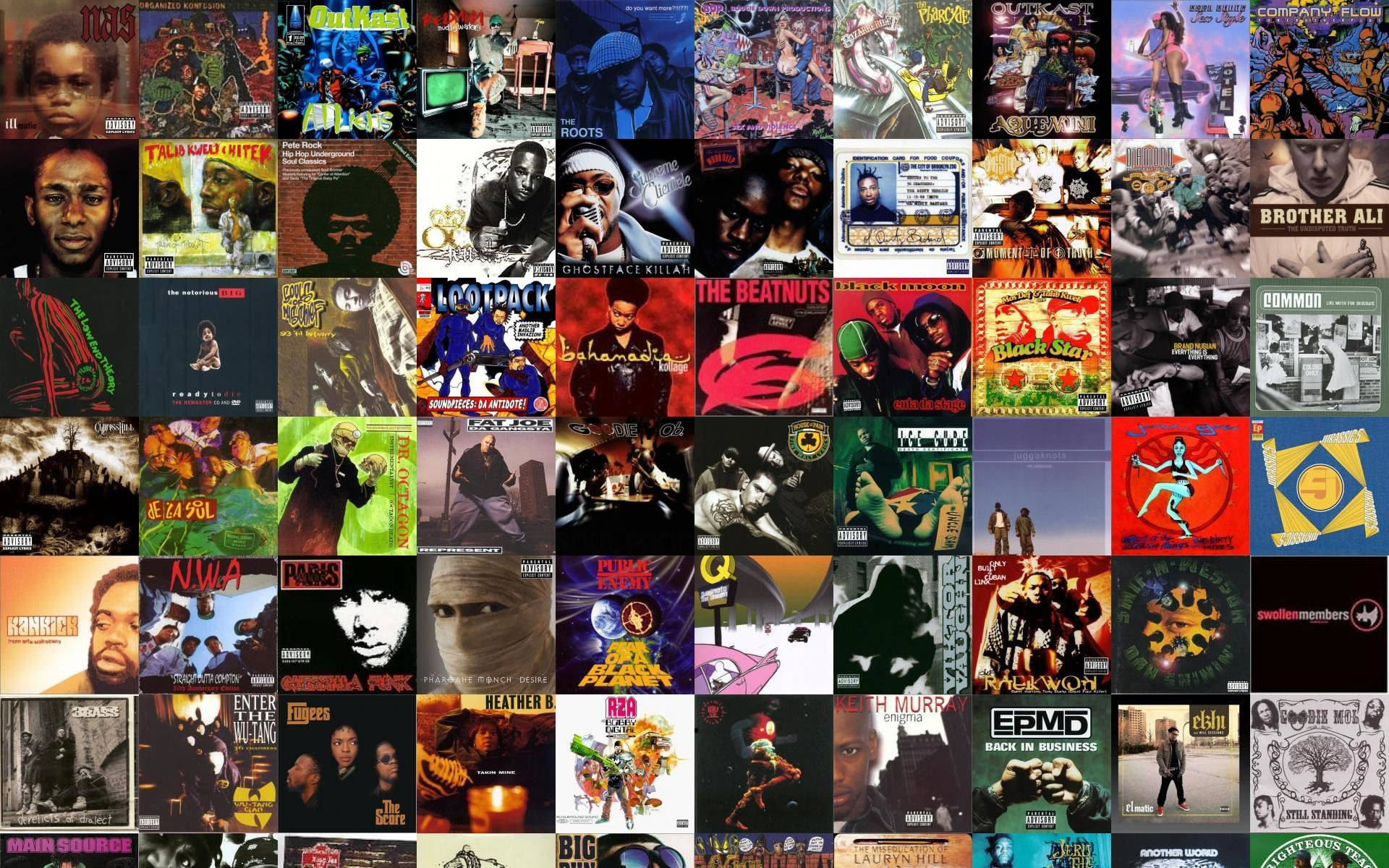 Outkast 桌布 壁紙 — 充滿活力的經典嘻哈專輯封面拼貼， featuring 藝術家如 Nas、Wu-Tang Clan 和 Common，搭配大膽的圖形和多樣的都市意象。