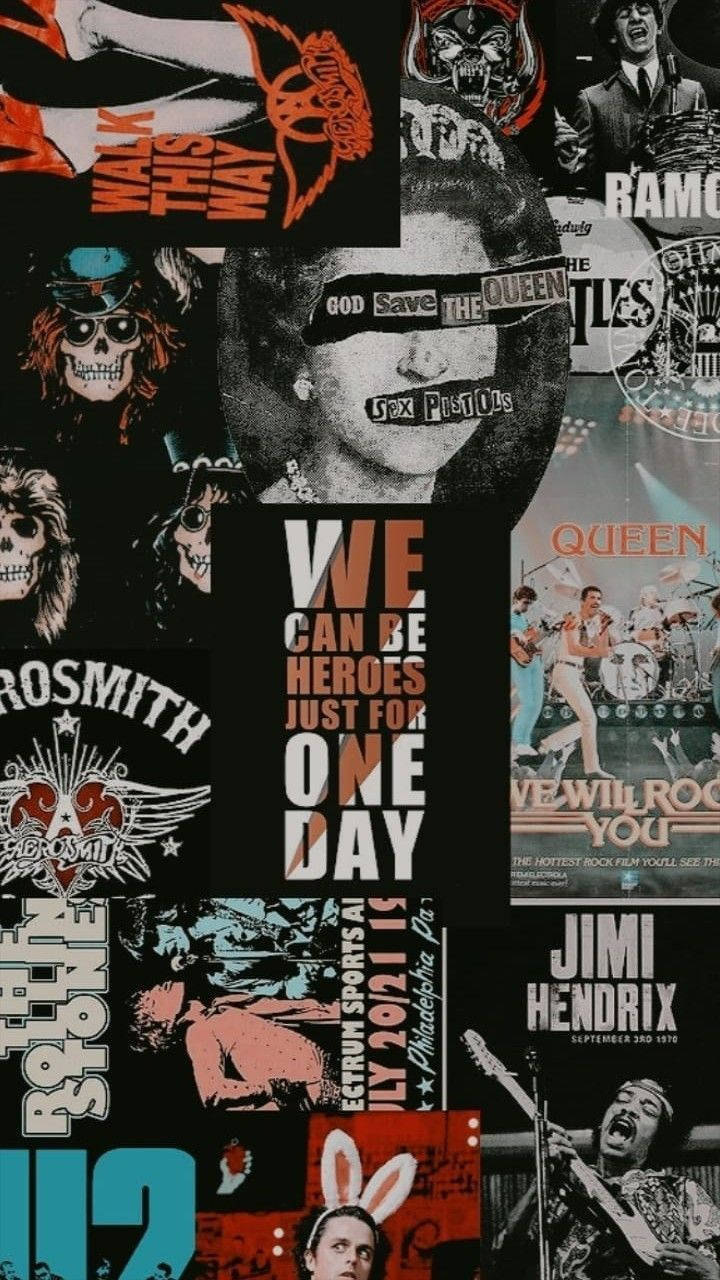poster 桌布 壁紙 — 充滿活力的經典搖滾音樂海報拼貼， featuring 像 Queen 和 Jimi Hendrix 這樣的樂隊，搭配大膽的字體和粗糙的圖像。