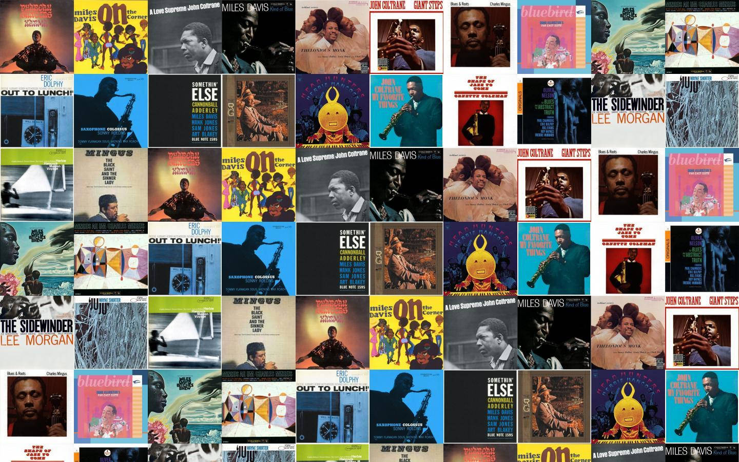 album 桌布 壁紙 — 充滿活力的經典爵士專輯封面拼貼， featuring 藝術家如 Miles Davis 和 John Coltrane，採用大膽色彩和圖形設計。