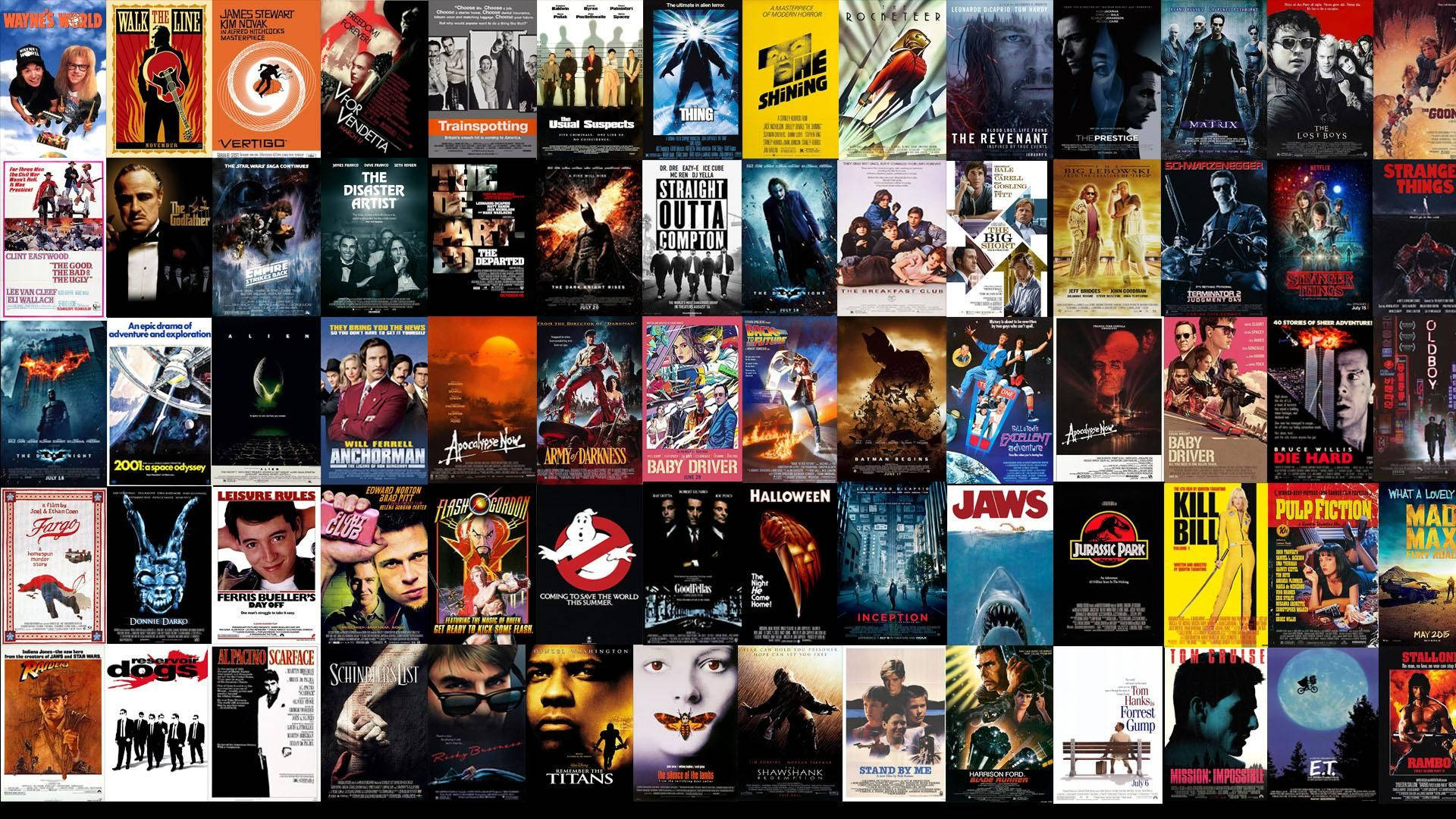 Horror Movie Collage 桌布 壁紙 — 充滿活力的經典電影海報拼貼，展現多種流派和戲劇性藝術作品。