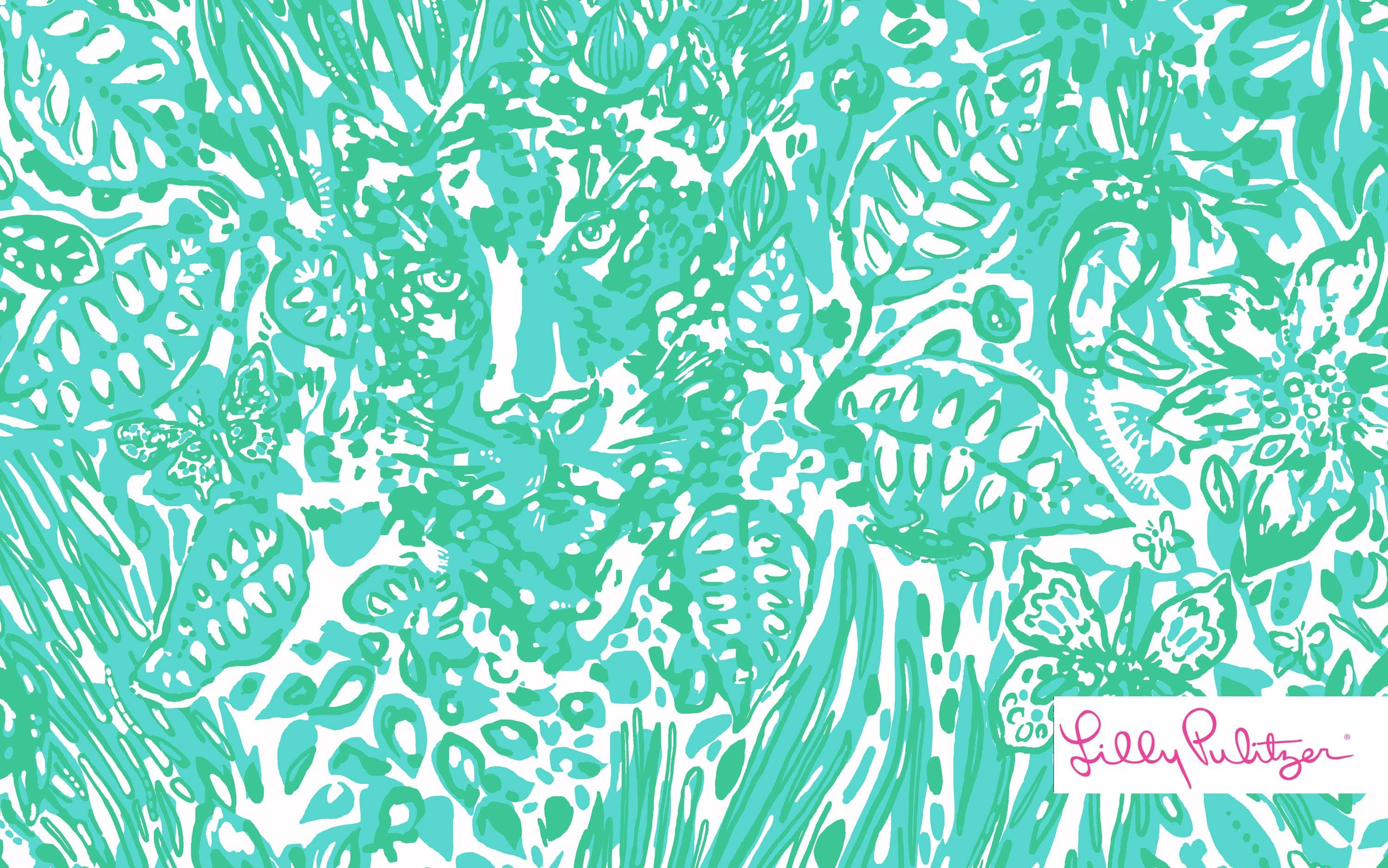lilly 桌布 壁紙 — 充滿活力的綠松石植物圖案，白色背景上帶有風格化的葉子和花朵。