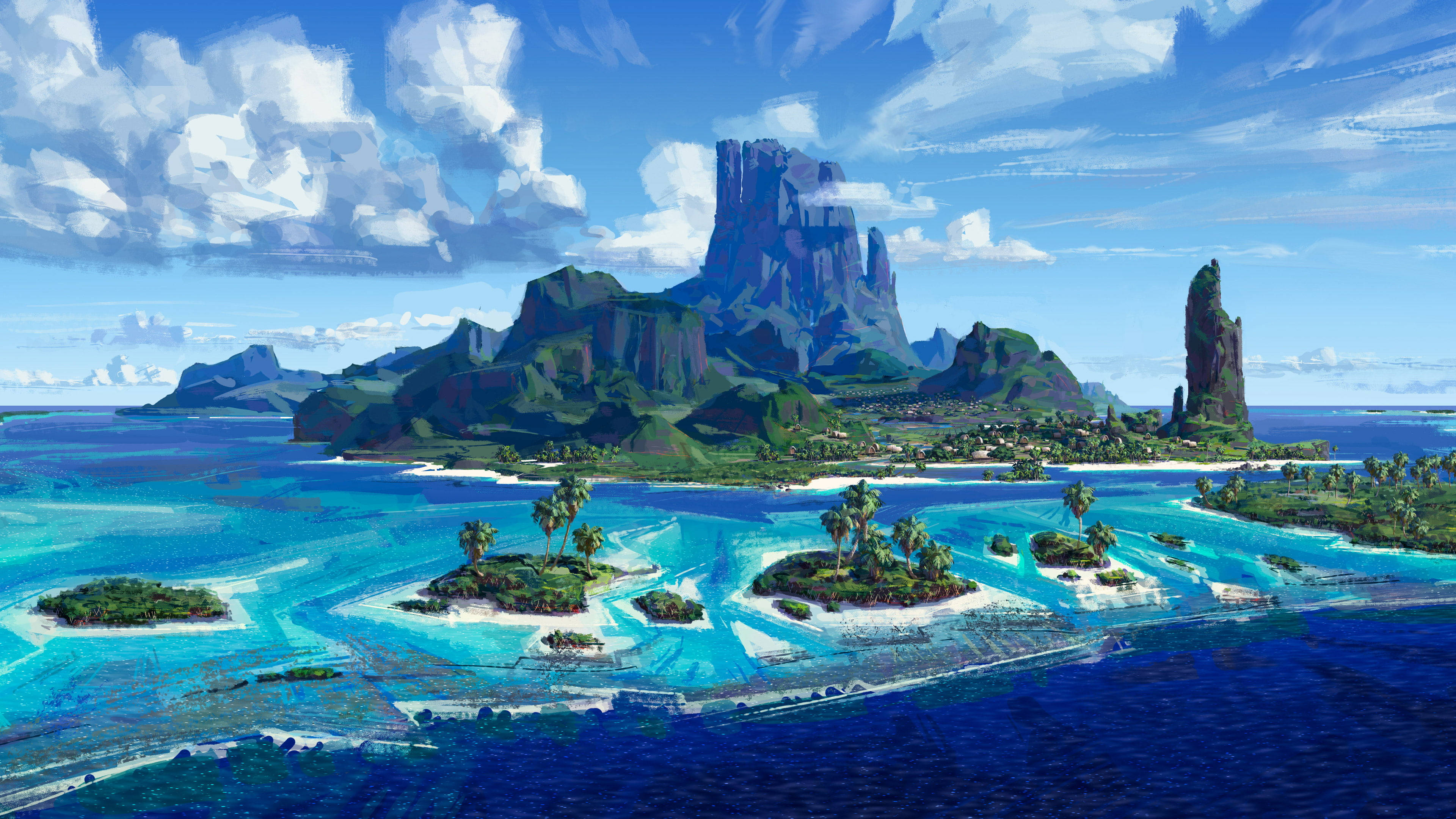 Moana 桌布 壁紙 — 充滿活力的綠松石潟湖環繞著鬱鬱蔥蔥的綠色島嶼，島上有高聳的火山峰，在明亮的藍天下有蓬鬆的雲朵。