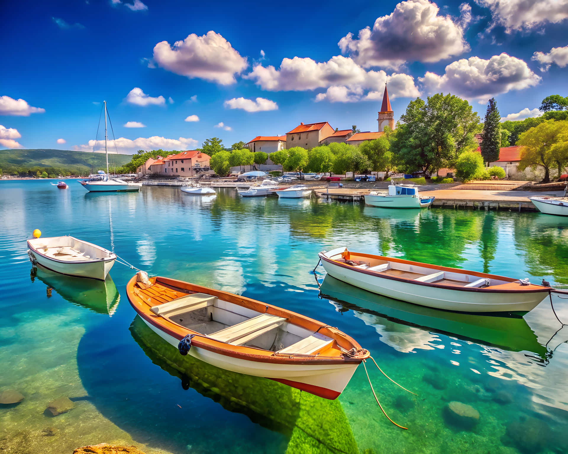 Summer view of boats and sea 壁紙 — 充滿活力的綠松石色水面反射出白色船隻和迷人的沿海村莊，在明亮的藍天下有蓬鬆的雲朵。