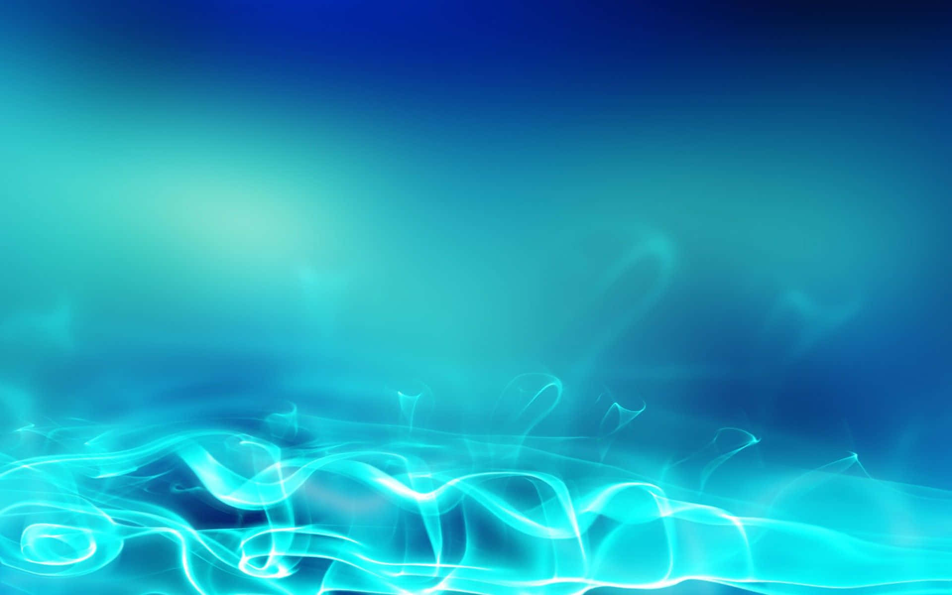 Aqua 桌布 壁紙 — 充滿活力的綠松石色發光波浪在漸變藍色背景上泛起漣漪，帶有柔和的光效。