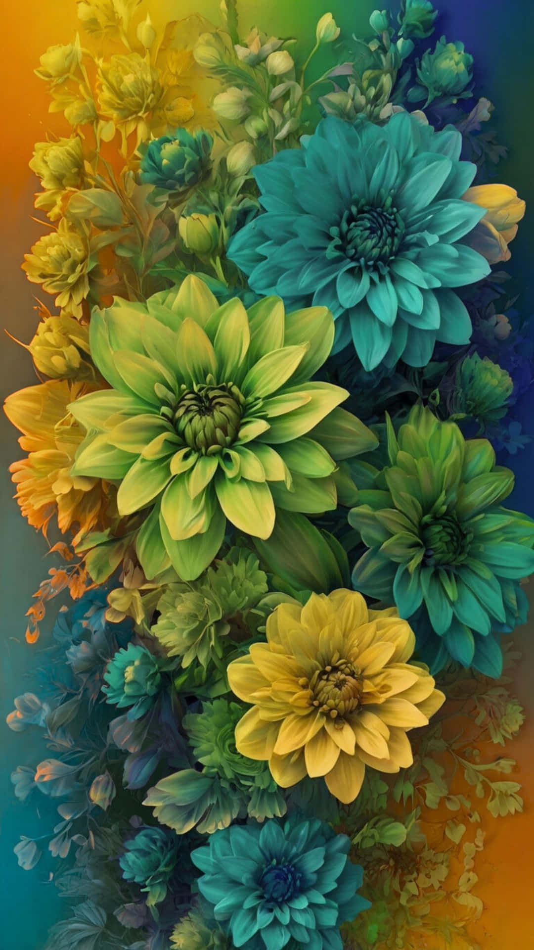 Vibrant Teal and Yellow Floral Bouquet of Dahlias With Lush Green Foliage and Abstract Gradient 壁紙 — 充滿活力的綠松色、黃色和綠色大麗花在橙色到藍色的漸變背景上層疊綻放。