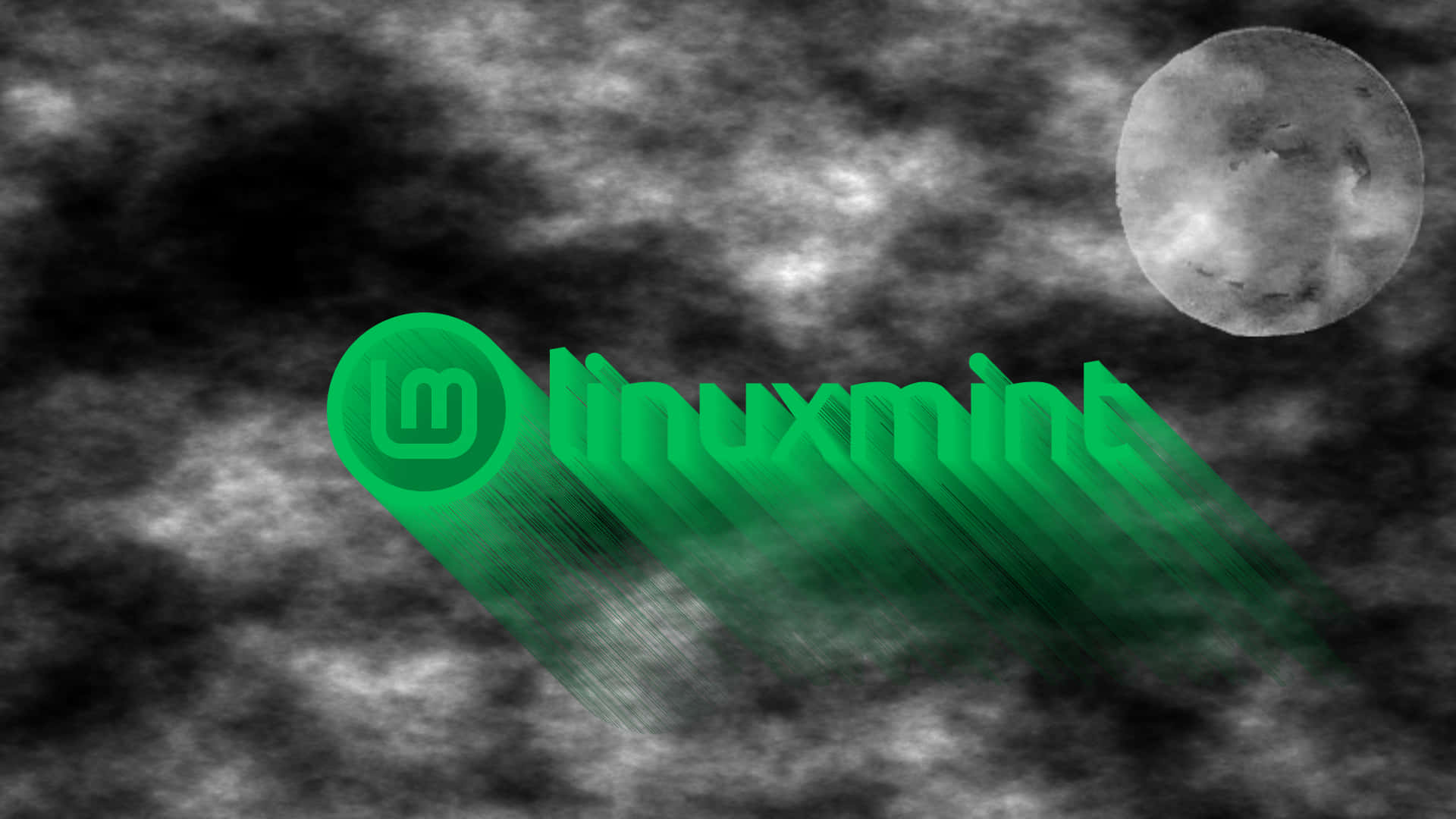 Linux 桌布 壁紙 — 充滿活力的綠色 Linux Mint 標誌劃過陰沉的灰階天空，角落有詳細的月亮。