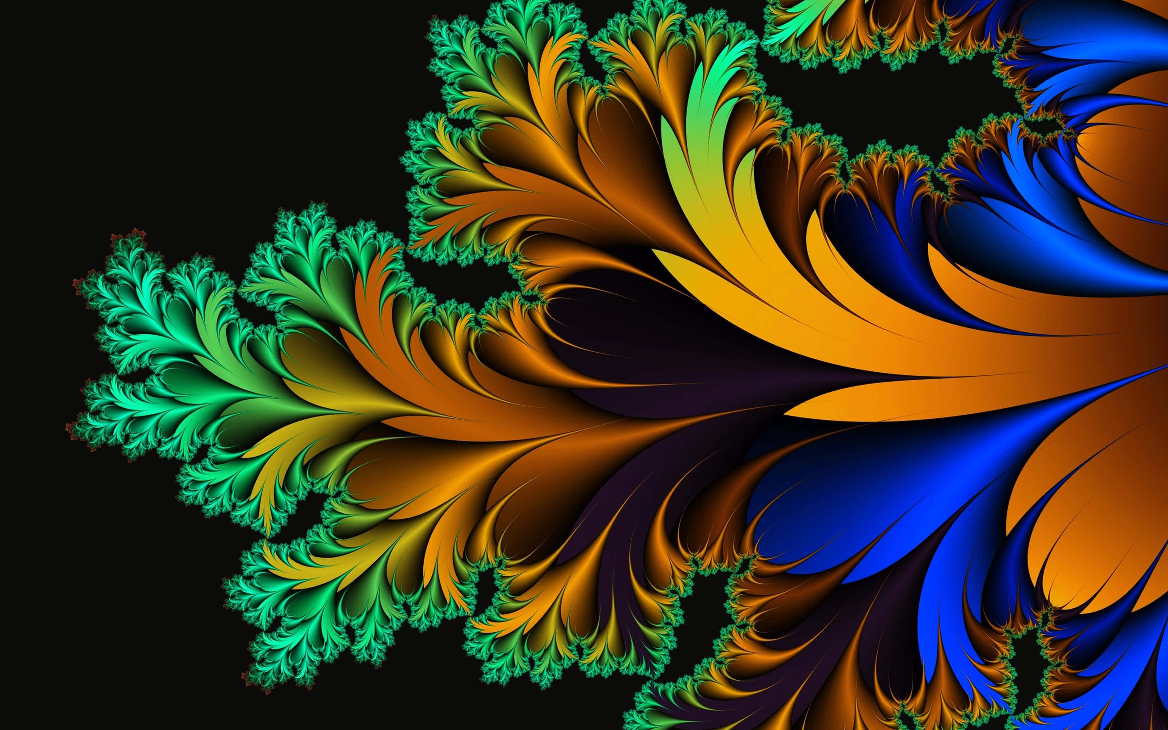 Colorful Abstract Art 桌布 壁紙 — 充滿活力的綠色、橙色和藍色碎形圖案在黑色背景上旋轉，帶有複雜的重複細節。