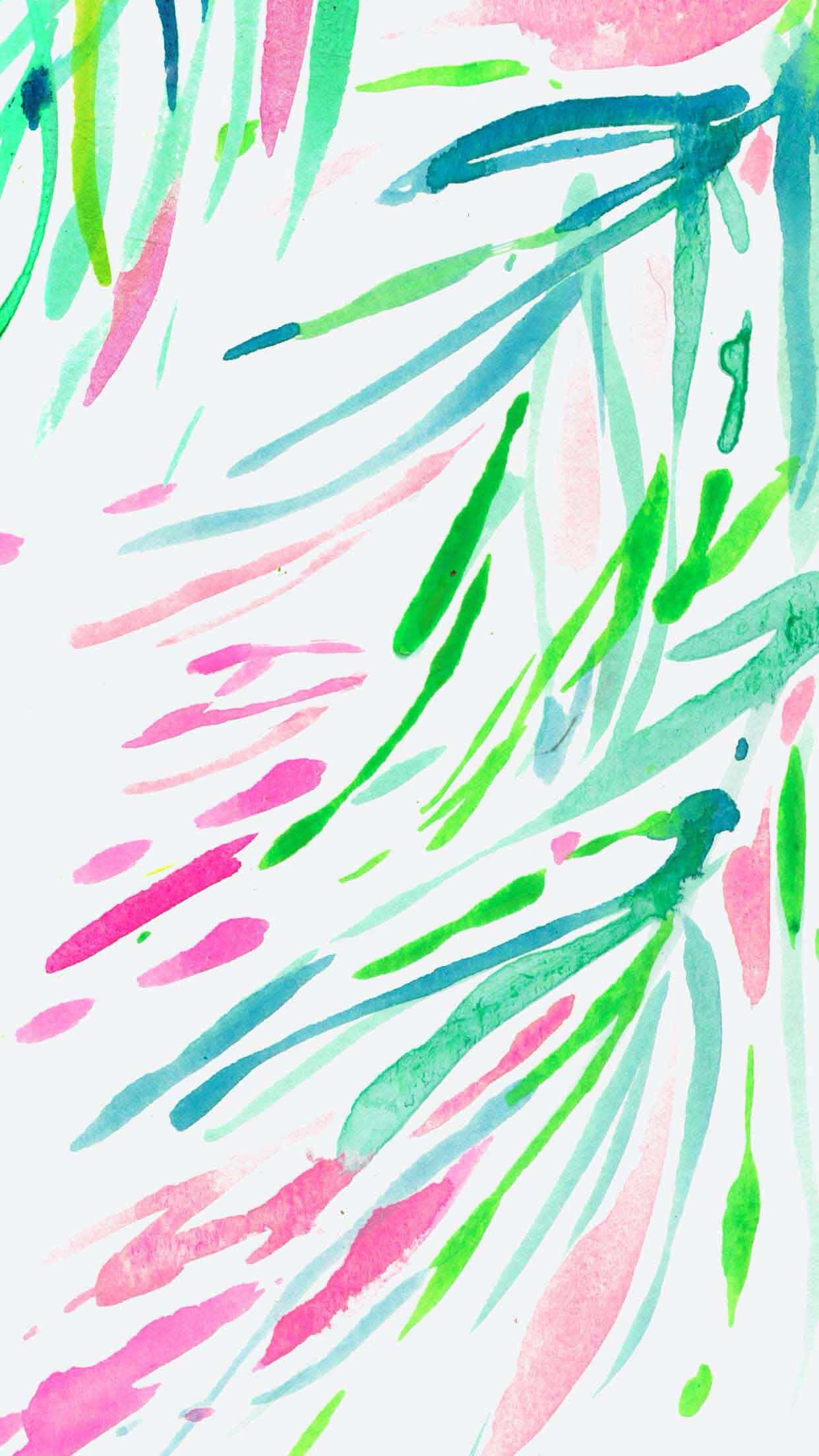 Lilly Pulitzer iPhone 桌布 壁紙 — 充滿活力的綠色、粉紅色和藍綠色水彩筆觸像抽象的熱帶樹葉一樣對角流過淺色背景。