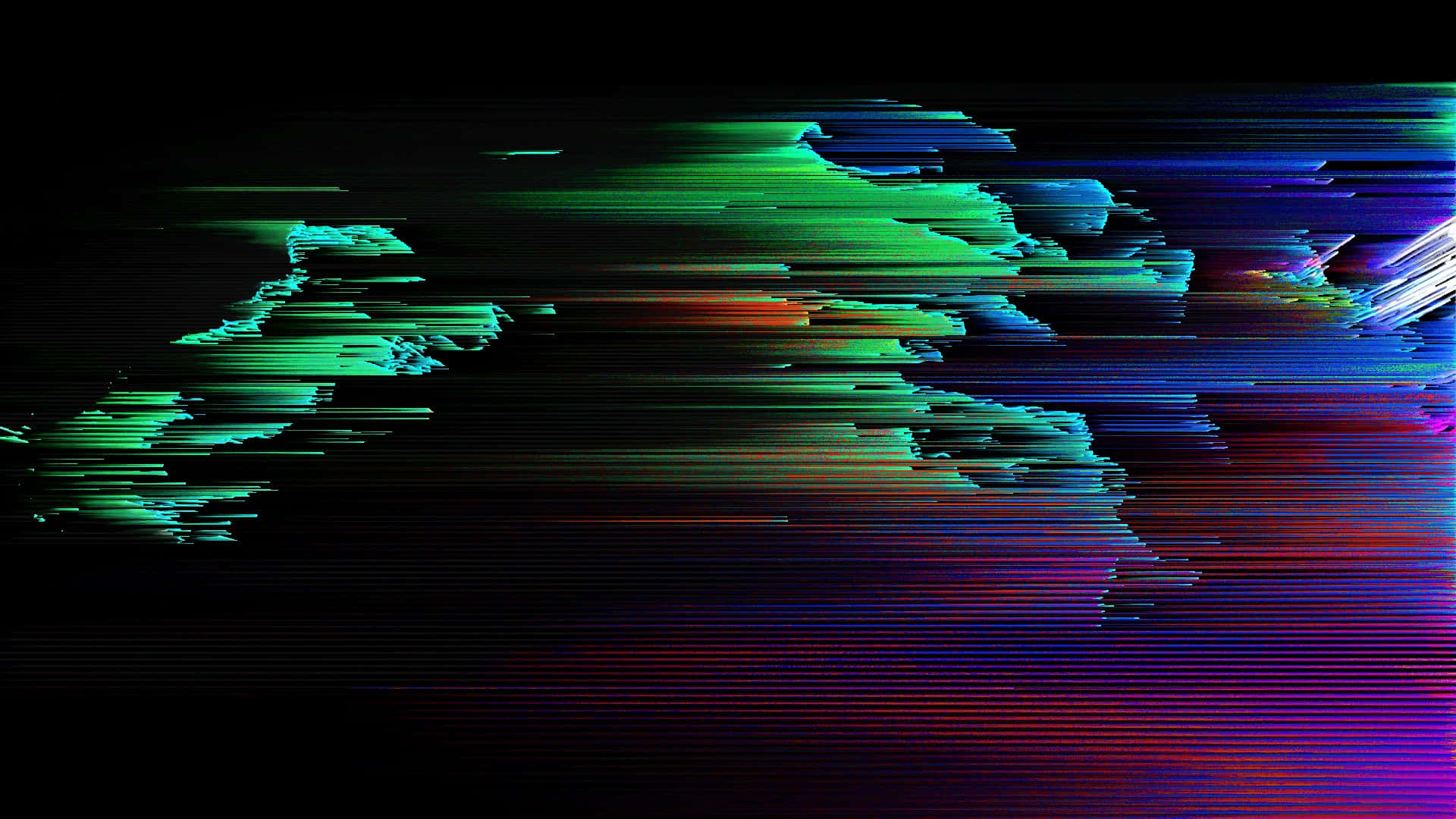 Glitch Effect 桌布 壁紙 — 充滿活力的綠色、藍色和紫色故障藝術條紋在黑色數位畫布上扭曲，營造出賽博龐克美學。