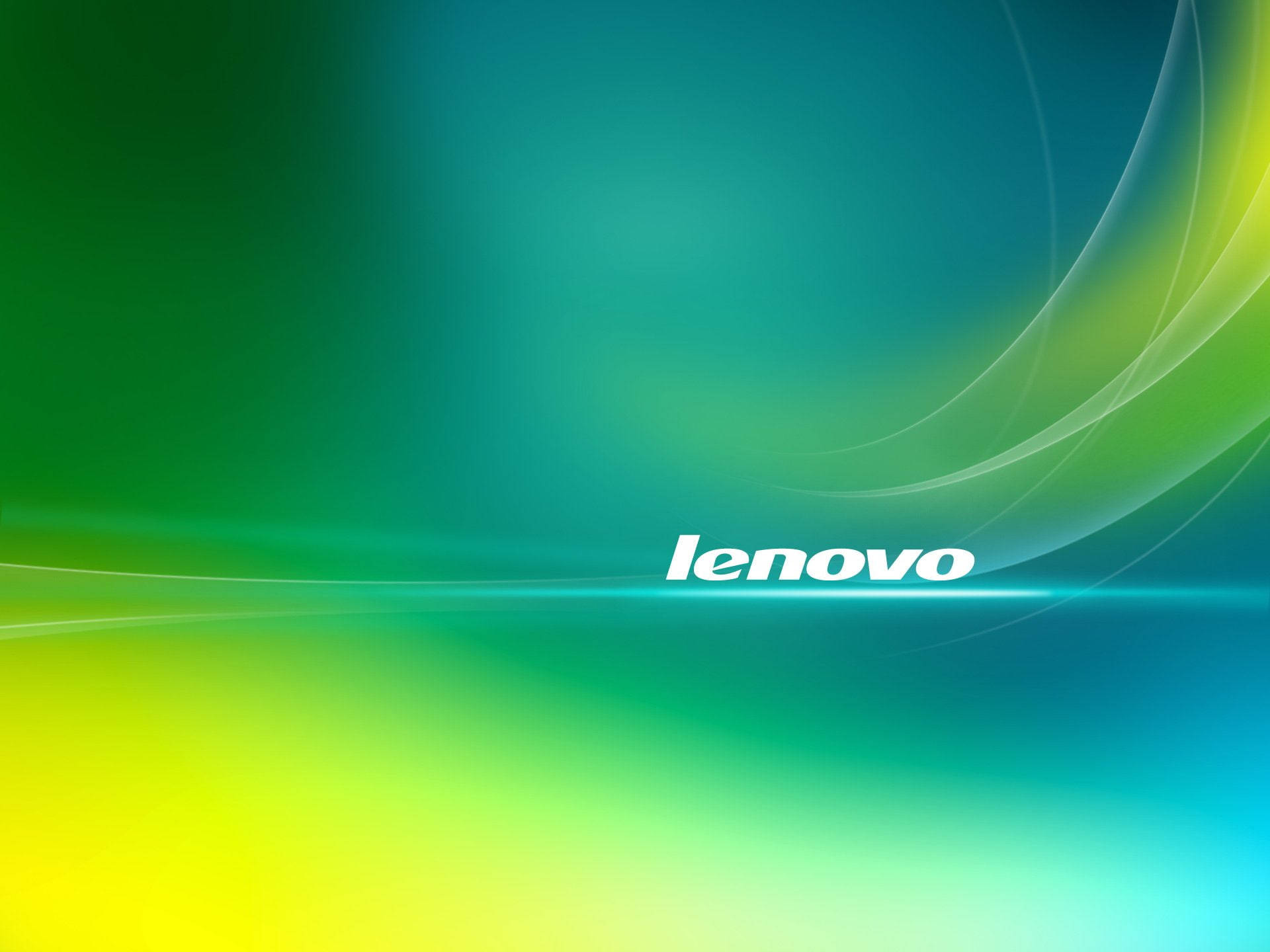 充滿活力的綠色、藍色和黃色漸變，帶有 Lenovo 標誌和流動的白色線條。 — 藍色抽象 壁紙