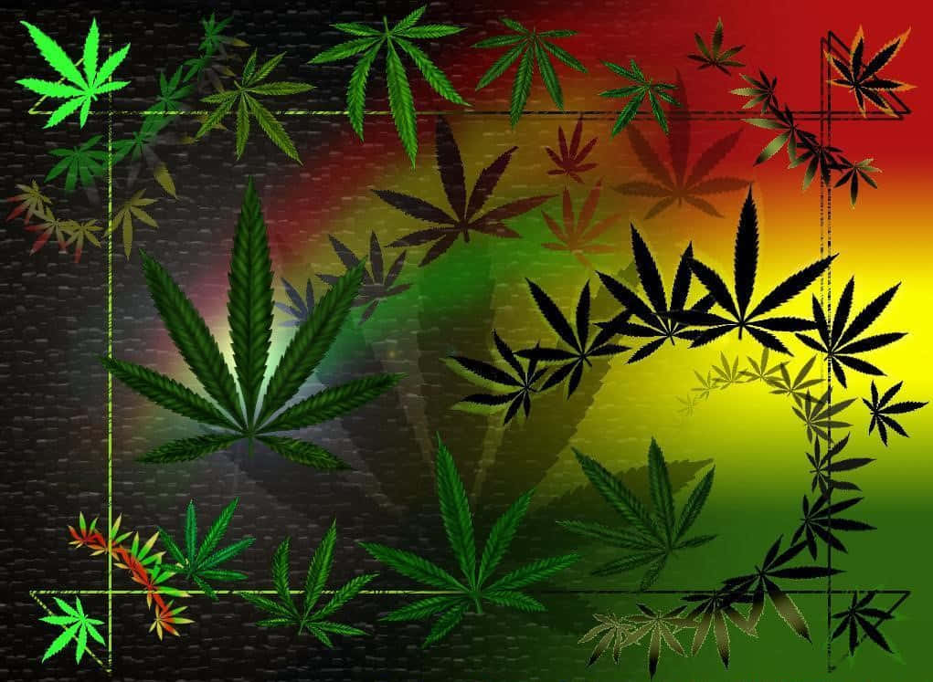 Plant 桌布 壁紙 — 充滿活力的綠色、黃色和紅色大麻葉在發光漸變背景周圍形成邊框。