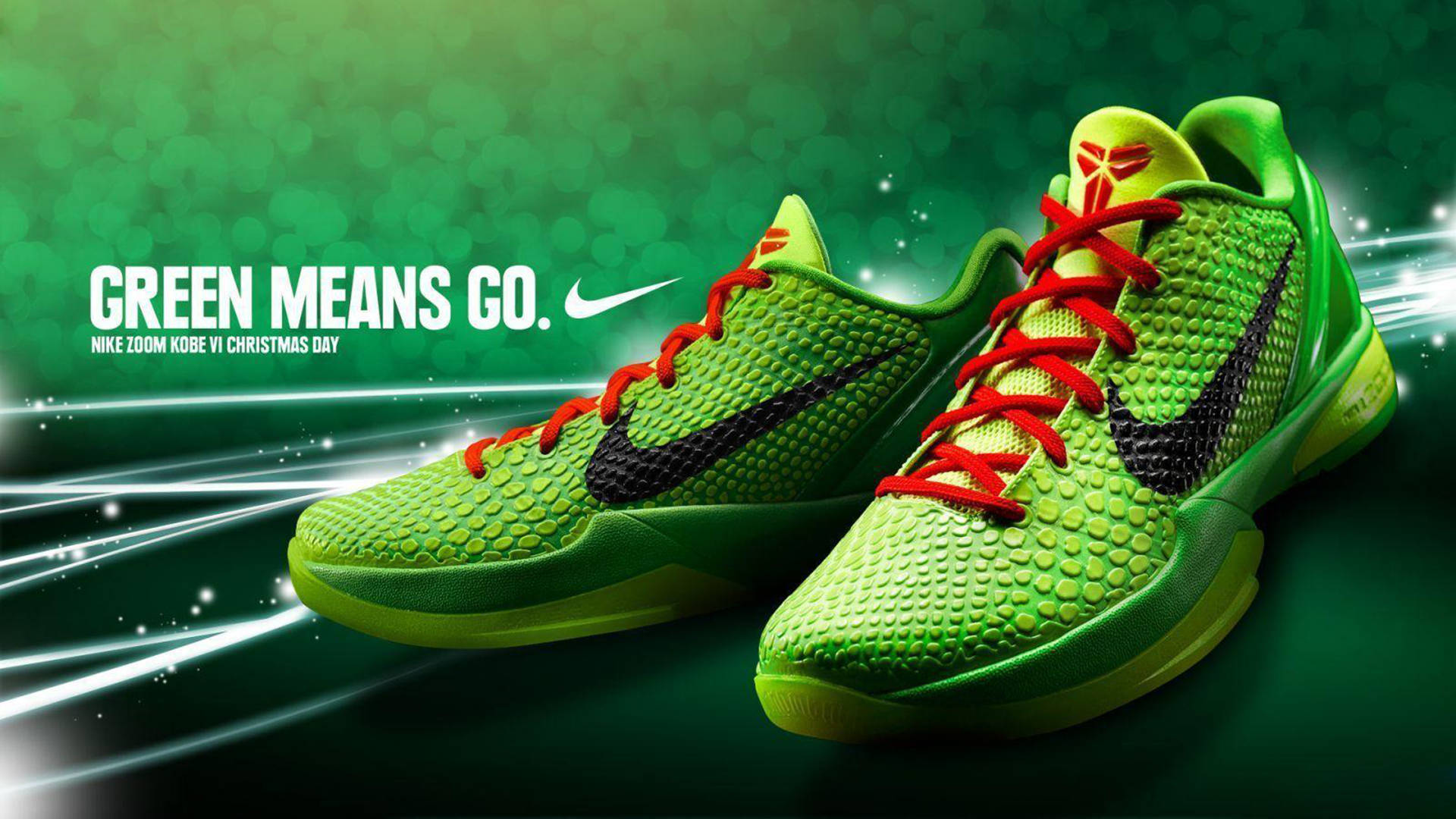 Nike Shoes 桌布 壁紙 — 充滿活力的綠色Nike Zoom Kobe VI籃球鞋，配有紅色鞋帶和黑色勾勾，背景是發光的綠色散景。