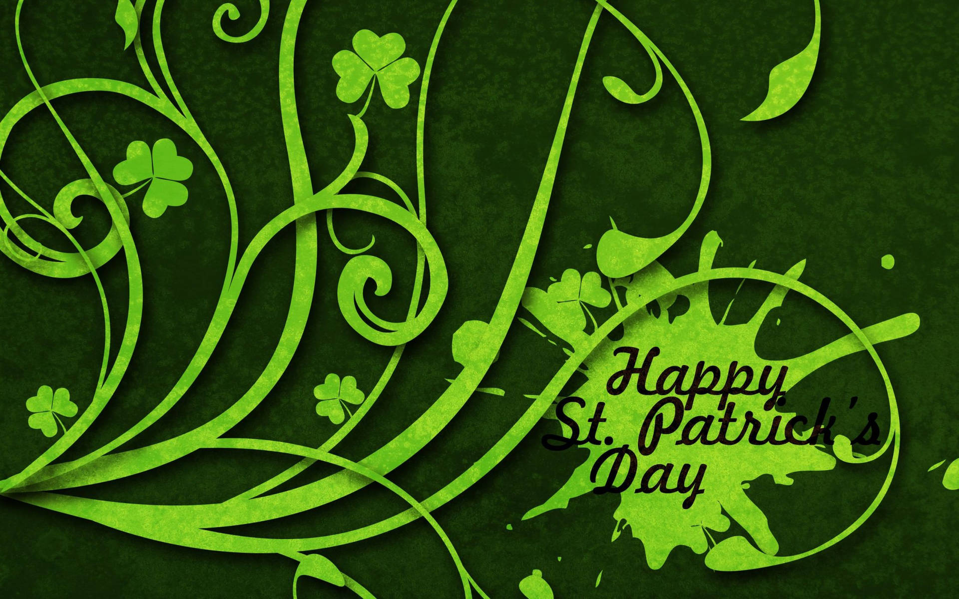 綠色三葉草和藤蔓，帶有 Happy St. Patrick's Day 文字，背景為深綠色。 — 深綠色動畫 壁紙