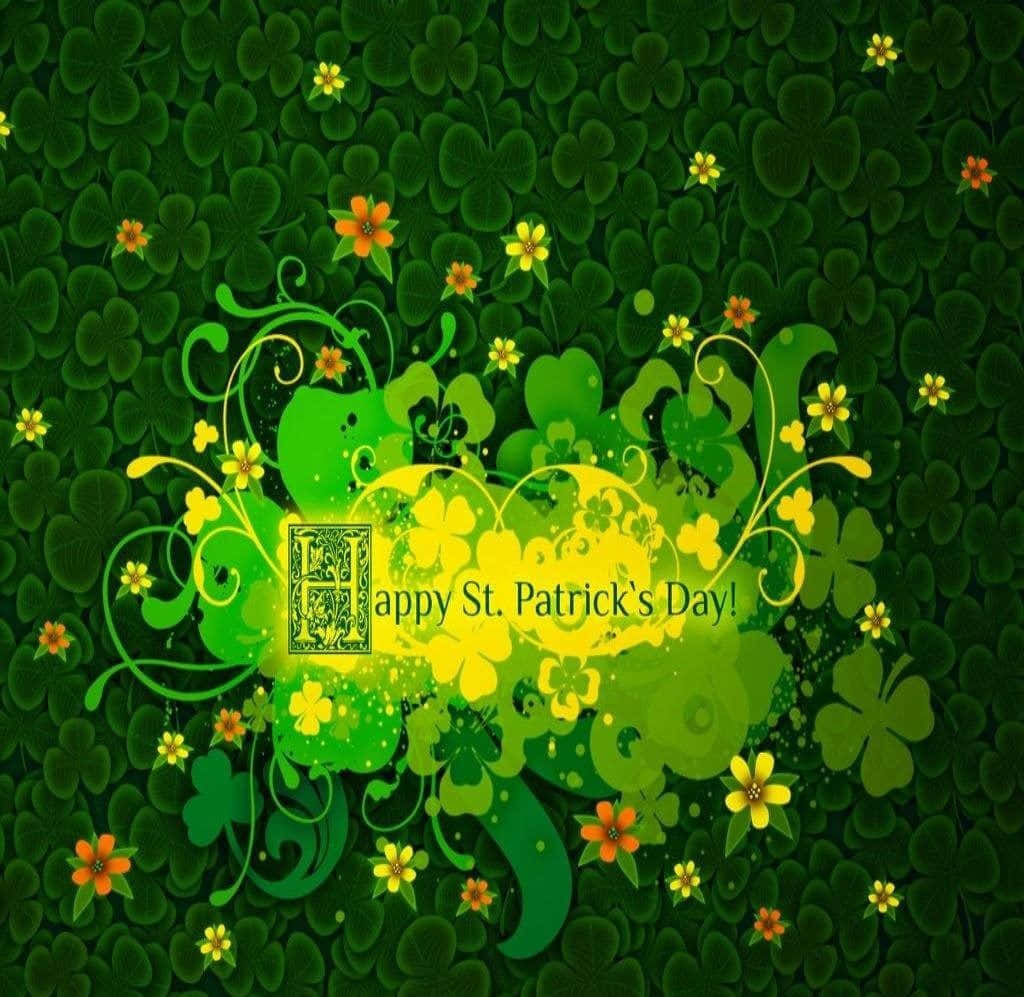 Saint Patricks Day 桌布 壁紙 — 充滿活力的綠色三葉草和黃色花朵在幸運草田背景上圍繞著節日聖派翠克節問候旋轉。