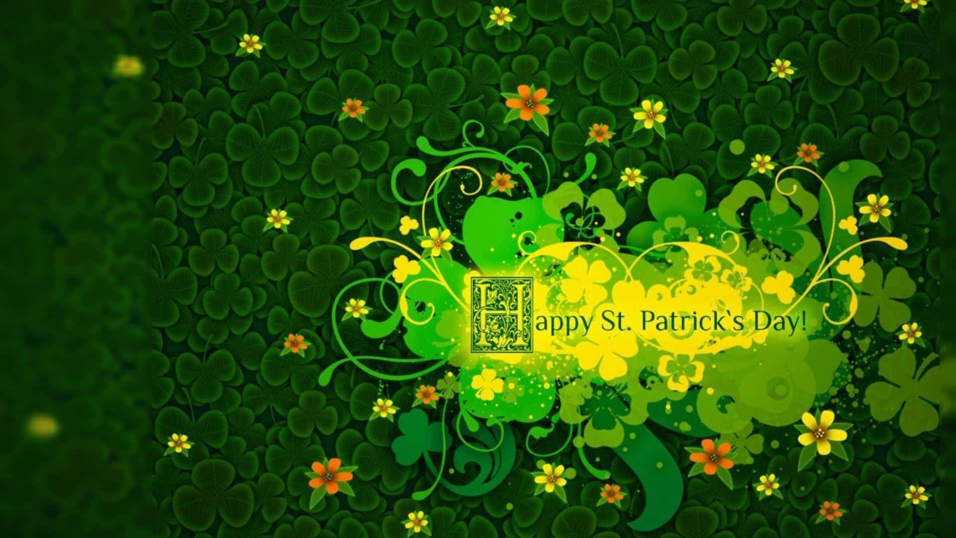 St Patrick's Day 桌布 壁紙 — 充滿活力的綠色三葉草和黃色花朵在帶有紋理的三葉草背景上圍繞著節日「Happy St. Patrick's Day」文字旋轉。