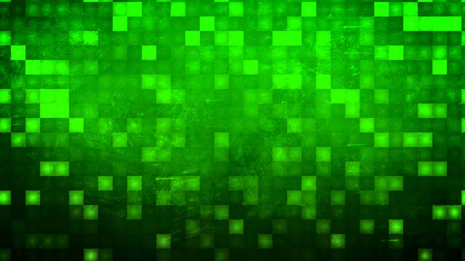 YouTube縮圖 桌布 壁紙 — 充滿活力的綠色像素化方格在較暗的綠色紋理背景上發光，營造出數位馬賽克效果。