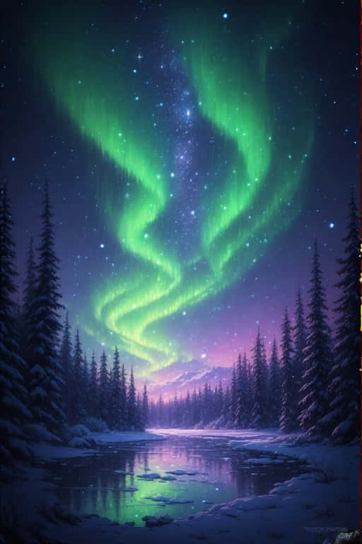 Northern Lights Over Frozen Lake 4K 壁紙 — 充滿活力的綠色北極光在繁星點點的夜空中舞動，照耀著白雪覆蓋的森林和冰凍的河流。