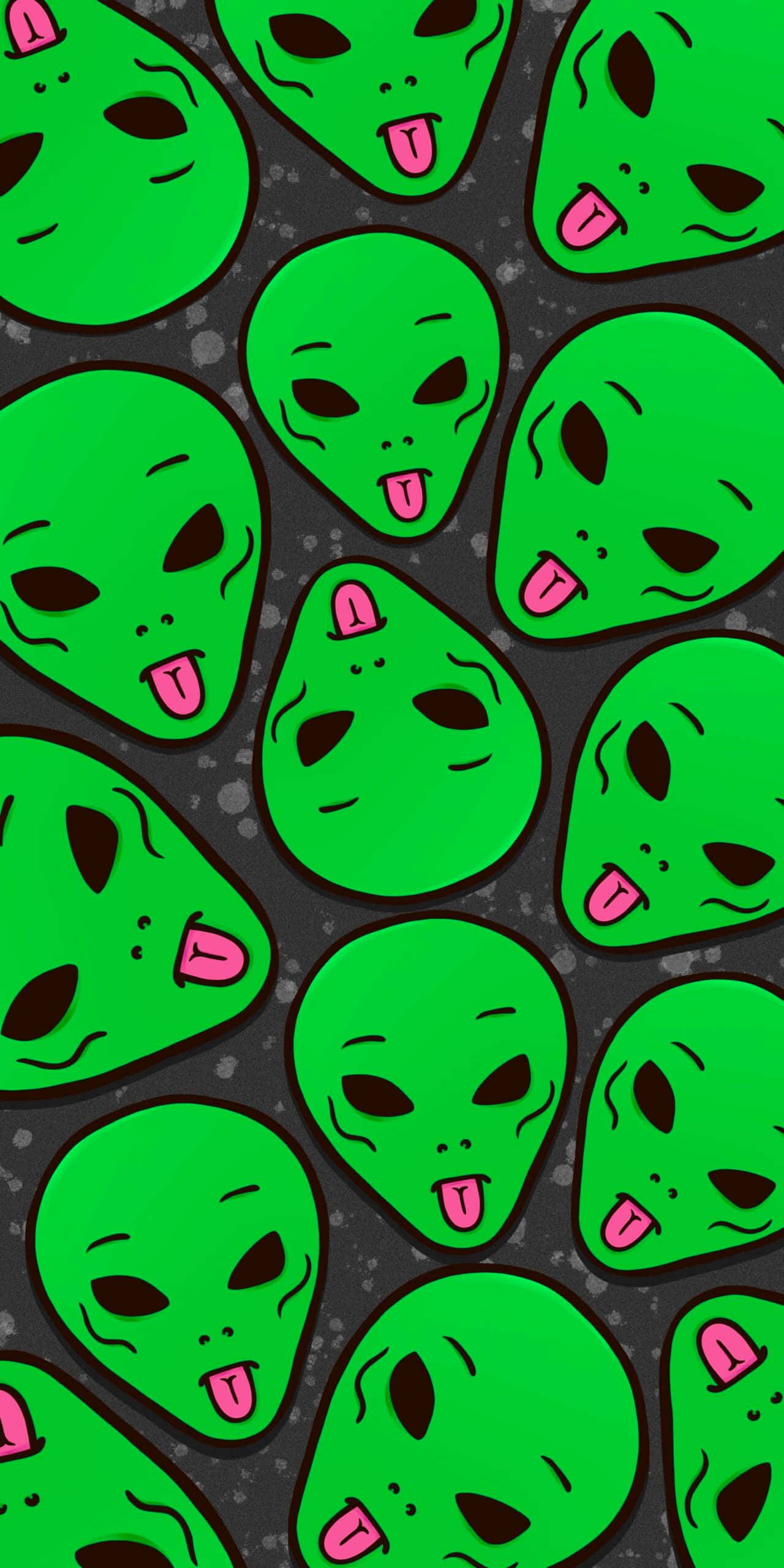 ripndip 桌布 壁紙 — 充滿活力的綠色卡通外星人頭部伸出粉紅色舌頭，在深色斑點背景上突出。
