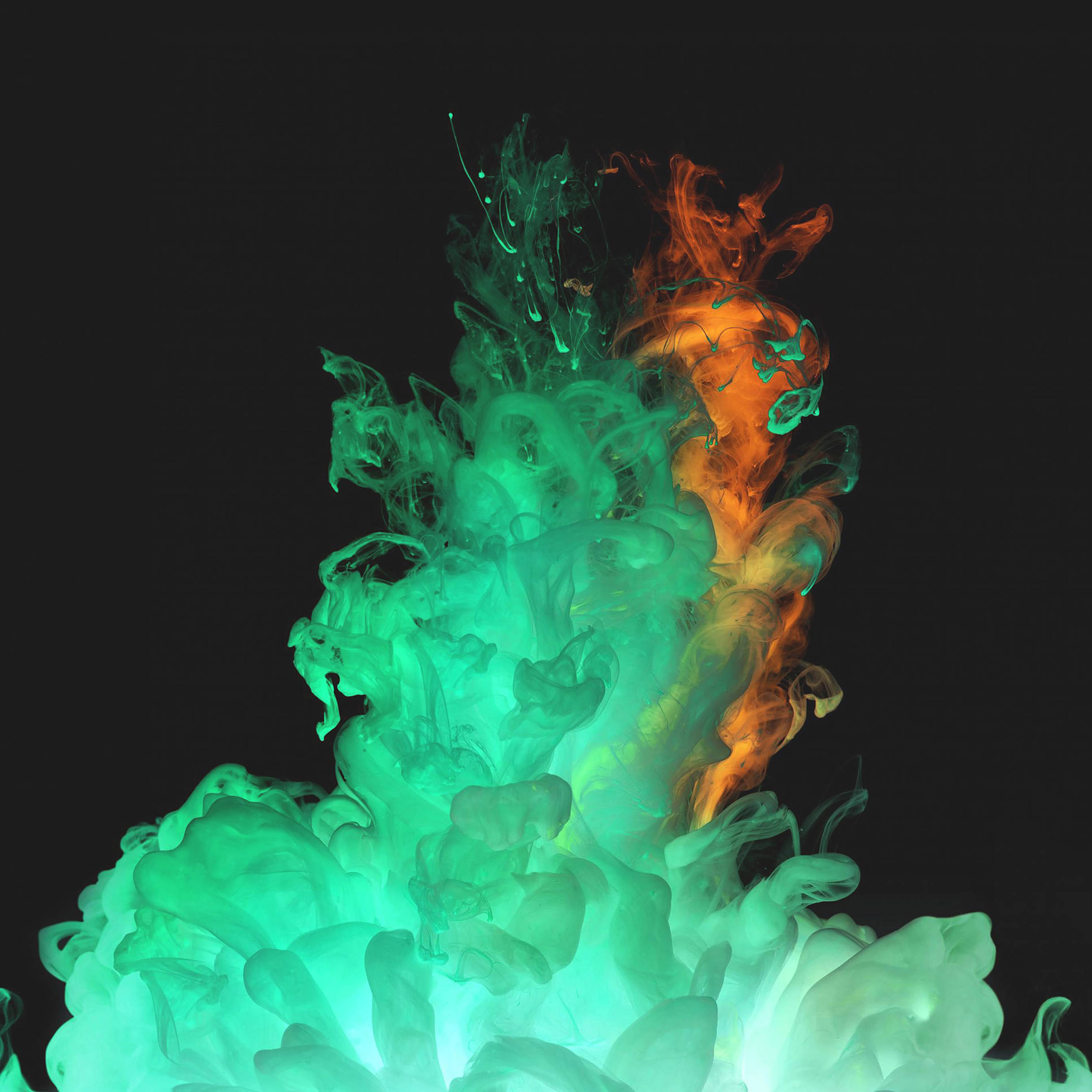 Green Fire 桌布 壁紙 — 充滿活力的綠色和橙色墨水在純黑色背景上戲劇性地旋轉，形成流暢的抽象爆炸效果。