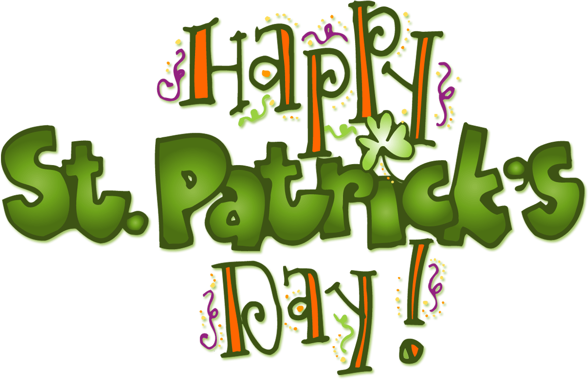 三月 桌布 壁紙 — 充滿活力的綠色和橙色節日文字寫著「Happy St. Patrick's Day!」，並帶有三葉草和漩渦圖案，背景為黑色。