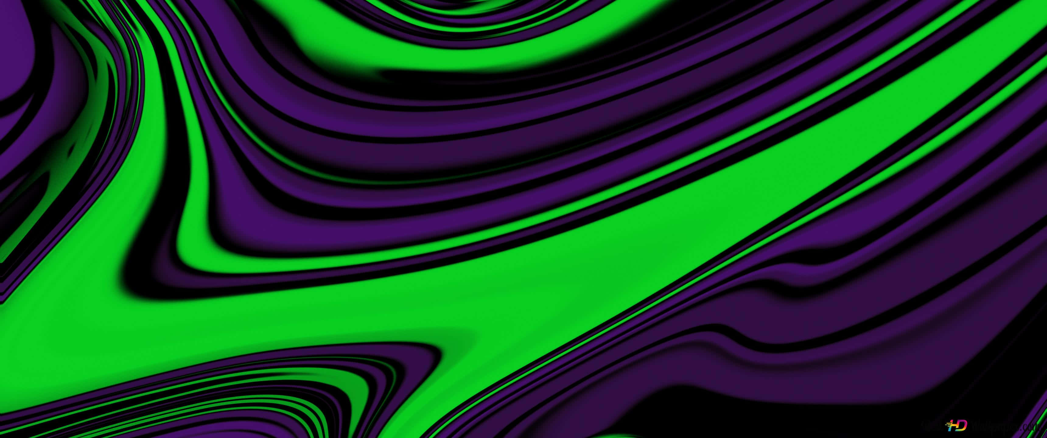 Neon Green And Purple 桌布 壁紙 — 充滿活力的綠色和深紫色液體波浪以催眠般的光澤絲帶流過畫面。