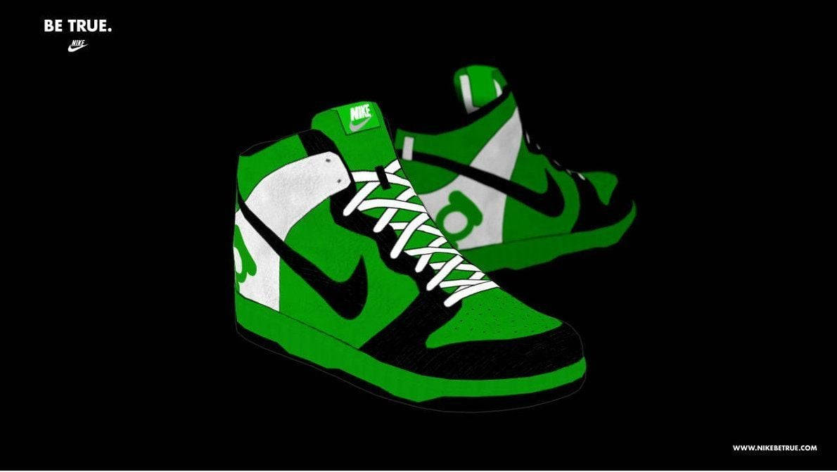 Green Shoes 桌布 壁紙 — 充滿活力的綠色和白色Nike Dunk運動鞋，帶有黑色點綴和發光輪廓，襯托在純黑背景上。