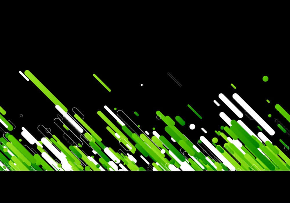 Green And Black 桌布 壁紙 — 充滿活力的綠色和白色幾何條紋在鮮明的黑色背景上對角線爆發，形成動態的數位抽象構圖。