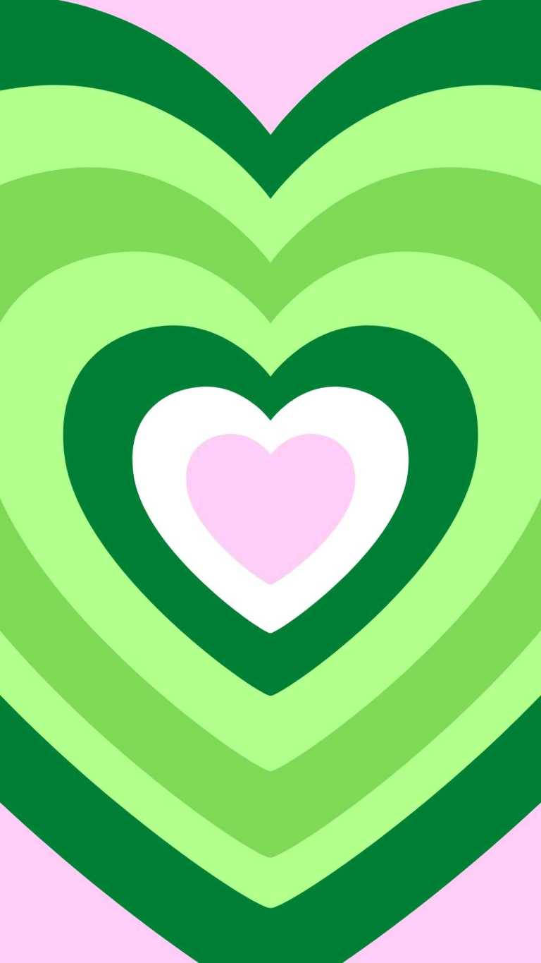 Y2k Heart 桌布 壁紙 — 充滿活力的綠色和粉紅色同心心形在柔和的粉紅色背景上散發溫暖。