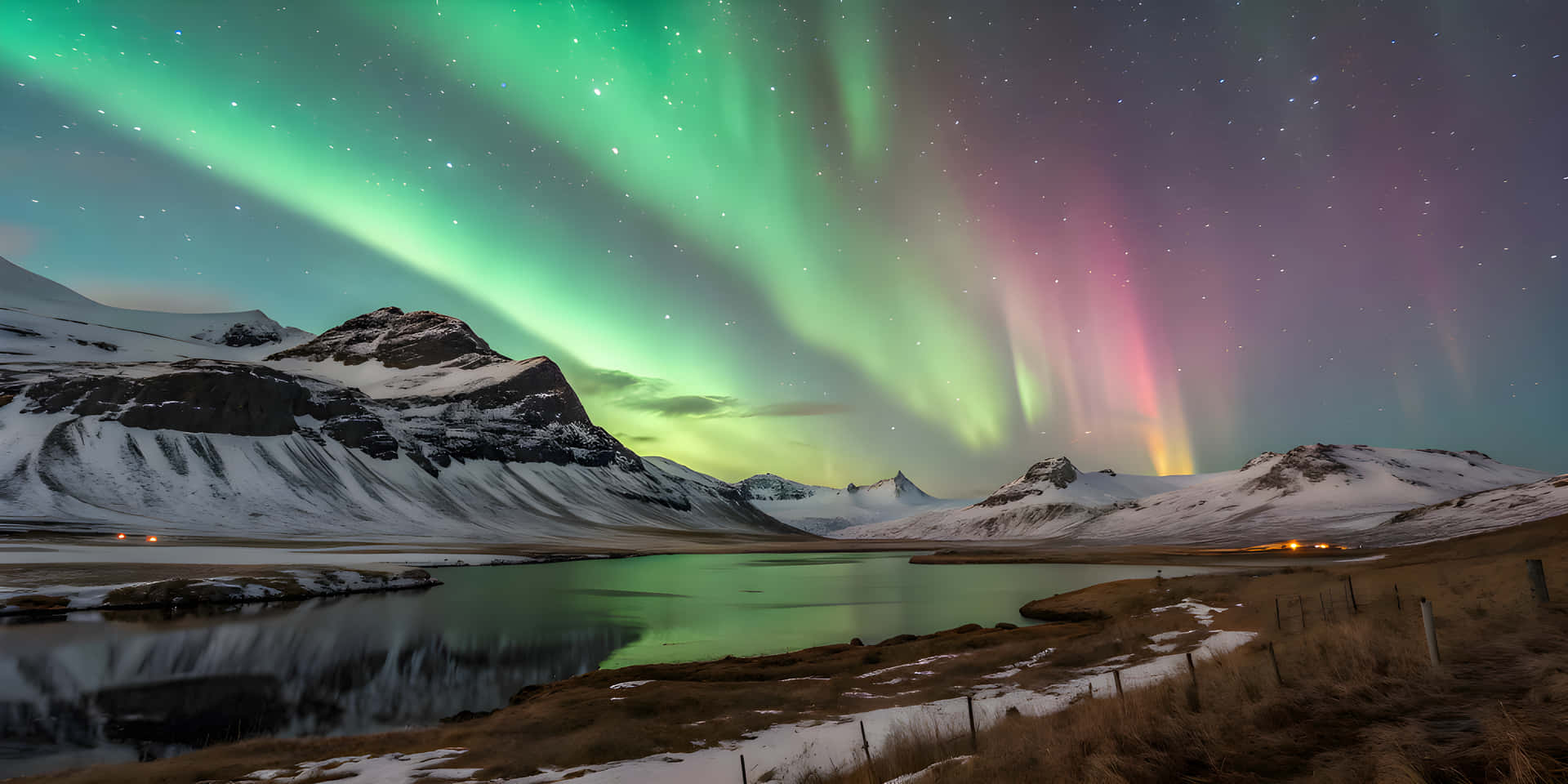 Aurora light in hill 壁紙 — 充滿活力的綠色和粉紅色極光在星空下舞動，照耀著白雪覆蓋的山脈和寧靜的湖面。