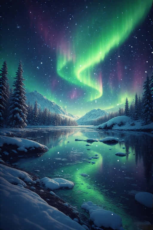 Northern Lights Over Frozen Lake 4K 壁紙 — 充滿活力的綠色和紫色北極光在松樹和山脈環繞的積雪河流上方的星空舞動。