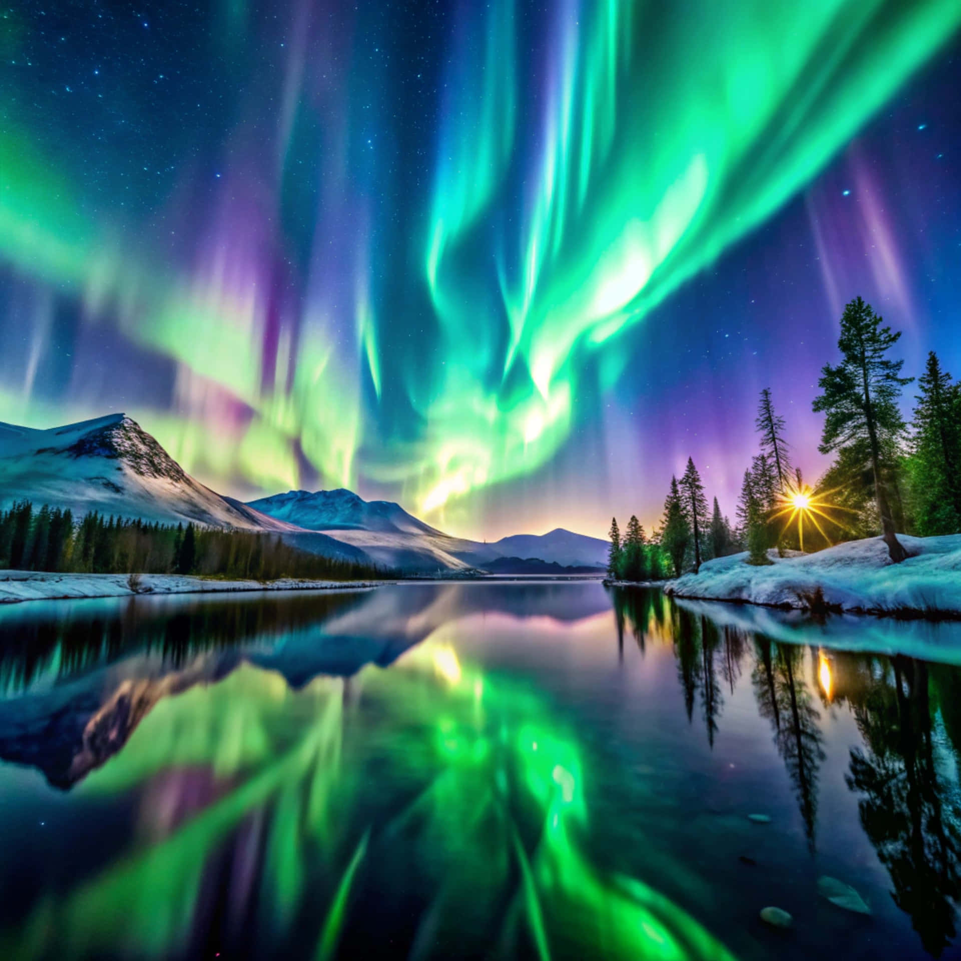 Northern Lights 壁紙 — 充滿活力的綠色和紫色北極光在繁星點點的天空中舞動，倒映在松樹和山脈旁邊平靜的雪湖中。