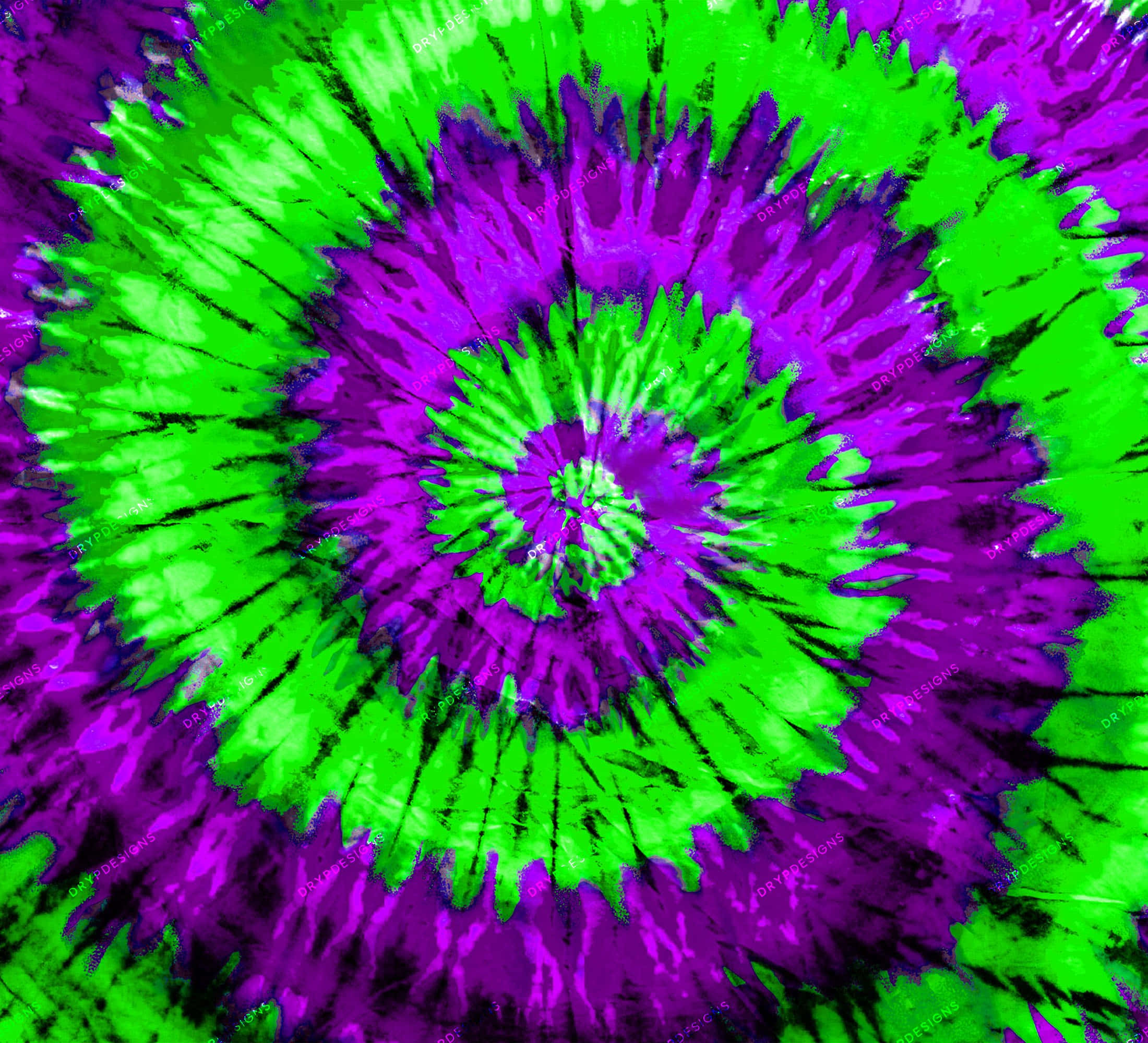 Neon Green And Purple 桌布 壁紙 — 充滿活力的綠色和紫色紮染漩渦向外輻射，形成迷幻螺旋圖案。