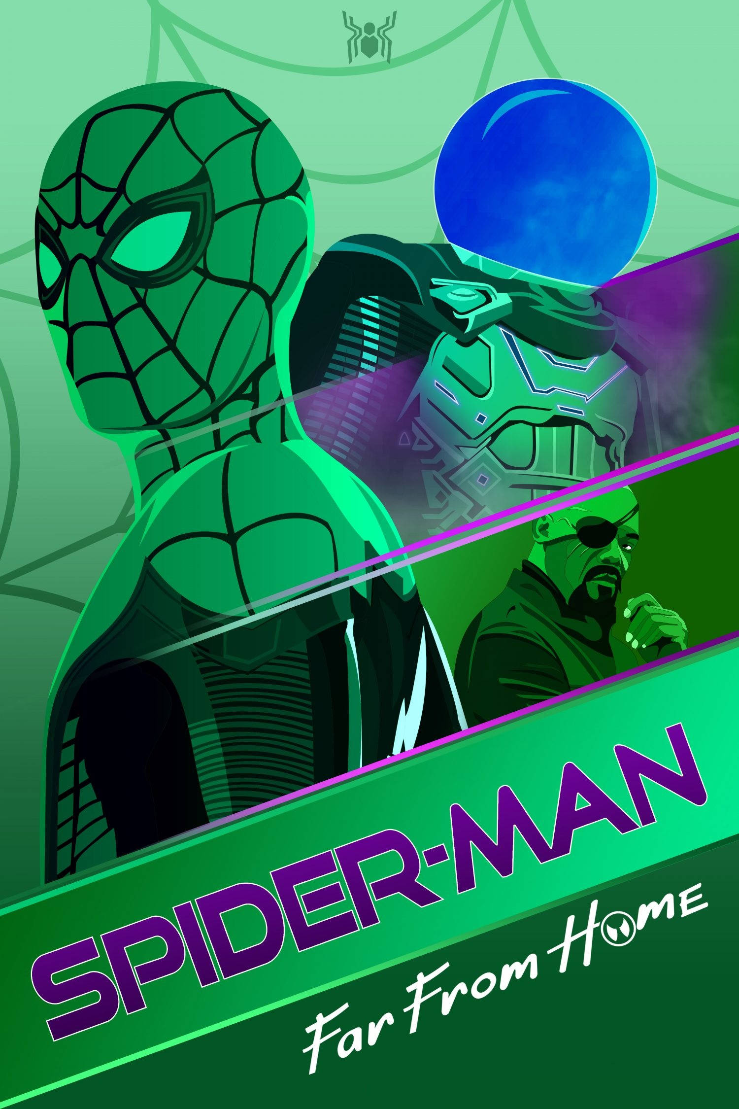Spider Man Far From Home 桌布 壁紙 — 充滿活力的綠色和紫色風格化海報， featuring Spider-Man 與 Mysterio 和 Nick Fury 一起，呈現動態漫畫書構圖。