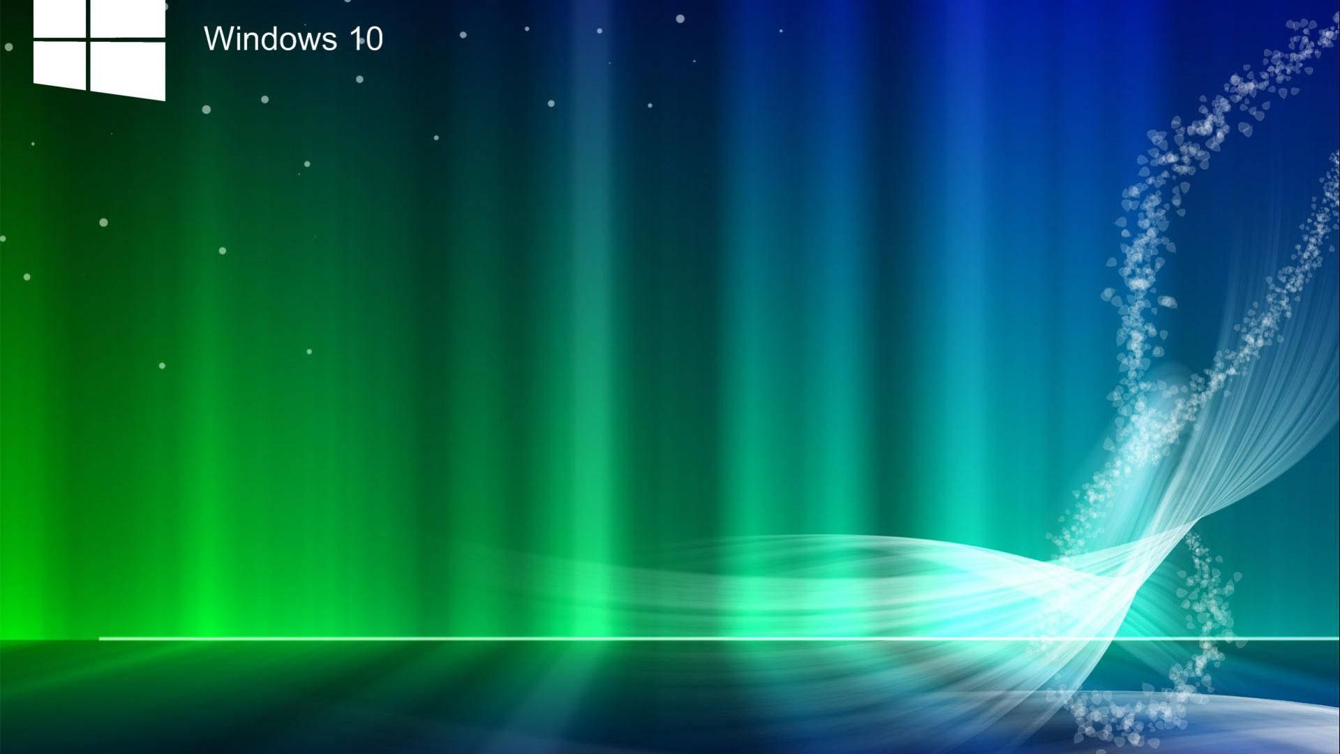 Windows 10 高畫質 桌布 壁紙 — 充滿活力的綠色和藍色光束在數位虛空中傾瀉而下，伴隨著旋轉的粒子軌跡和漂浮的點。