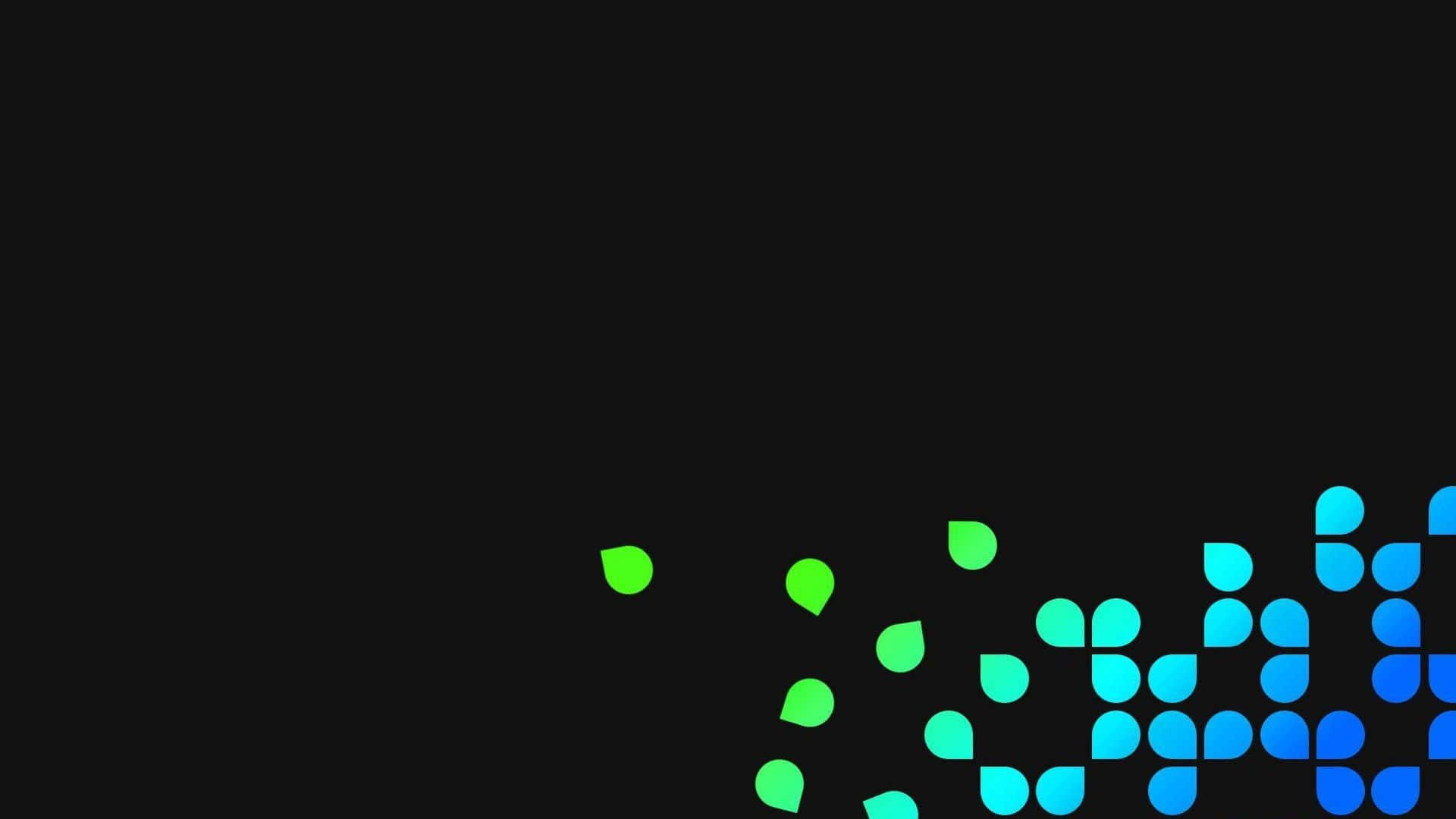 Droplets 桌布 壁紙 — 充滿活力的綠色和藍色淚滴形狀在數位抽象圖案中沿對角線傾瀉在 stark 黑色背景上。