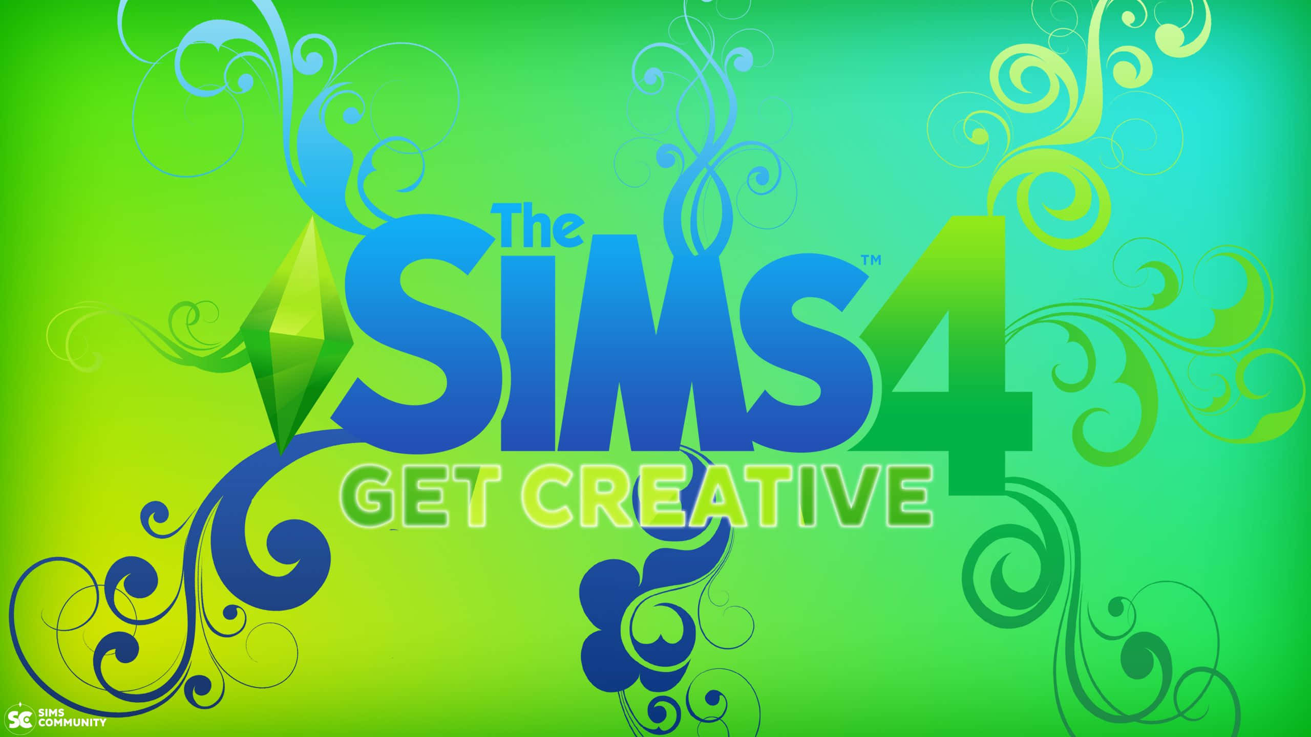 The Sims 4 桌布 壁紙 — 充滿活力的綠色和藍色漸變背景，帶有旋轉裝飾元素，環繞粗體的「The Sims 4 Get Creative」標誌。
