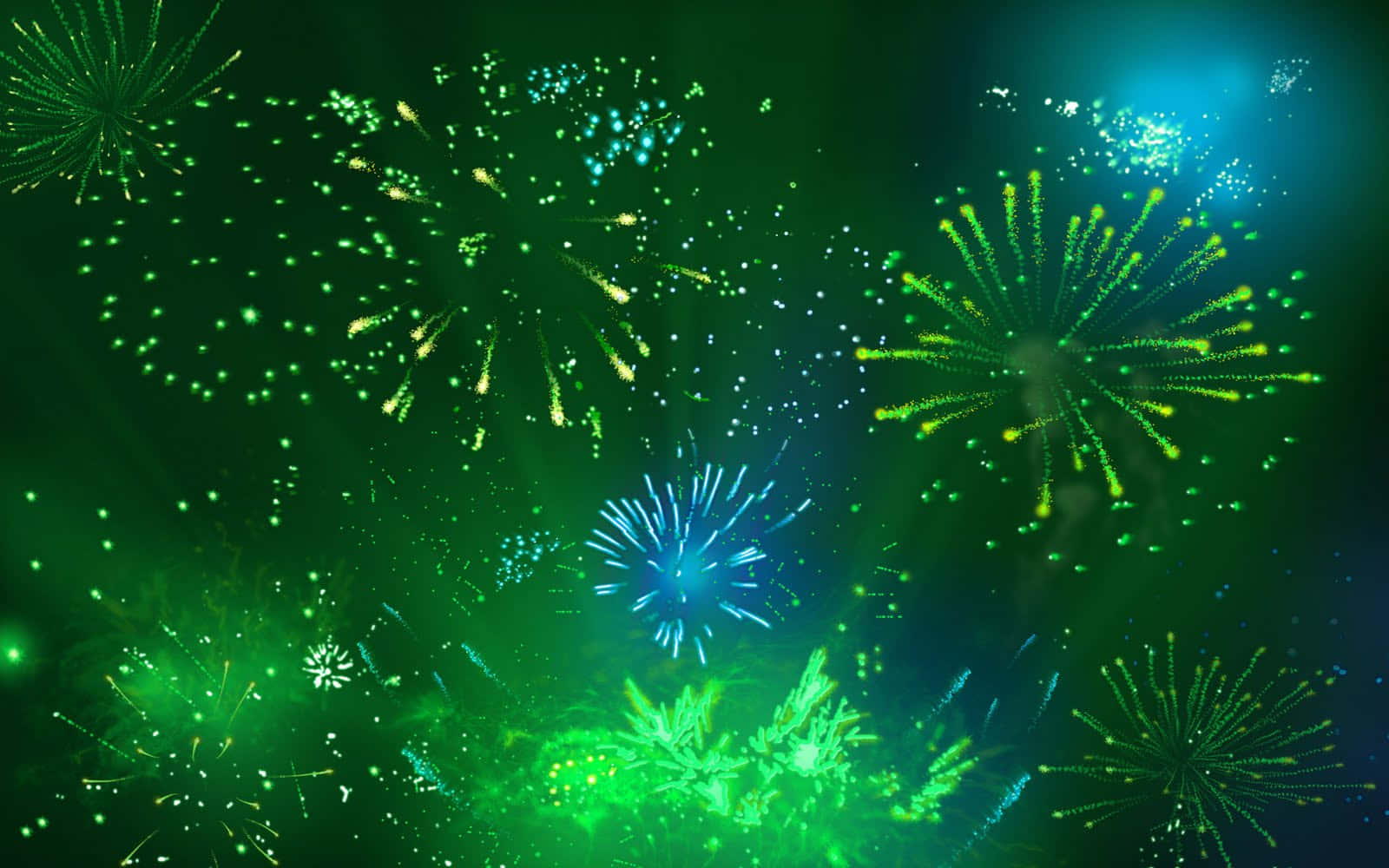 Fireworks 桌布 壁紙 — 充滿活力的綠色和藍色煙火在黑暗的天空中爆炸，創造出耀眼的節日展示。