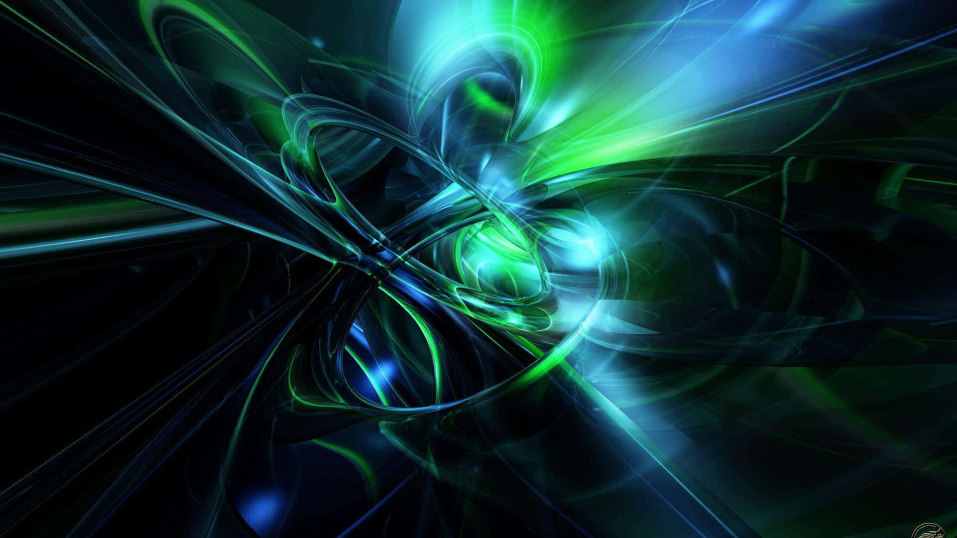 Plasma 桌布 壁紙 — 充滿活力的綠色和藍色能量流在黑暗背景上動態旋轉，形成數位抽象構圖。