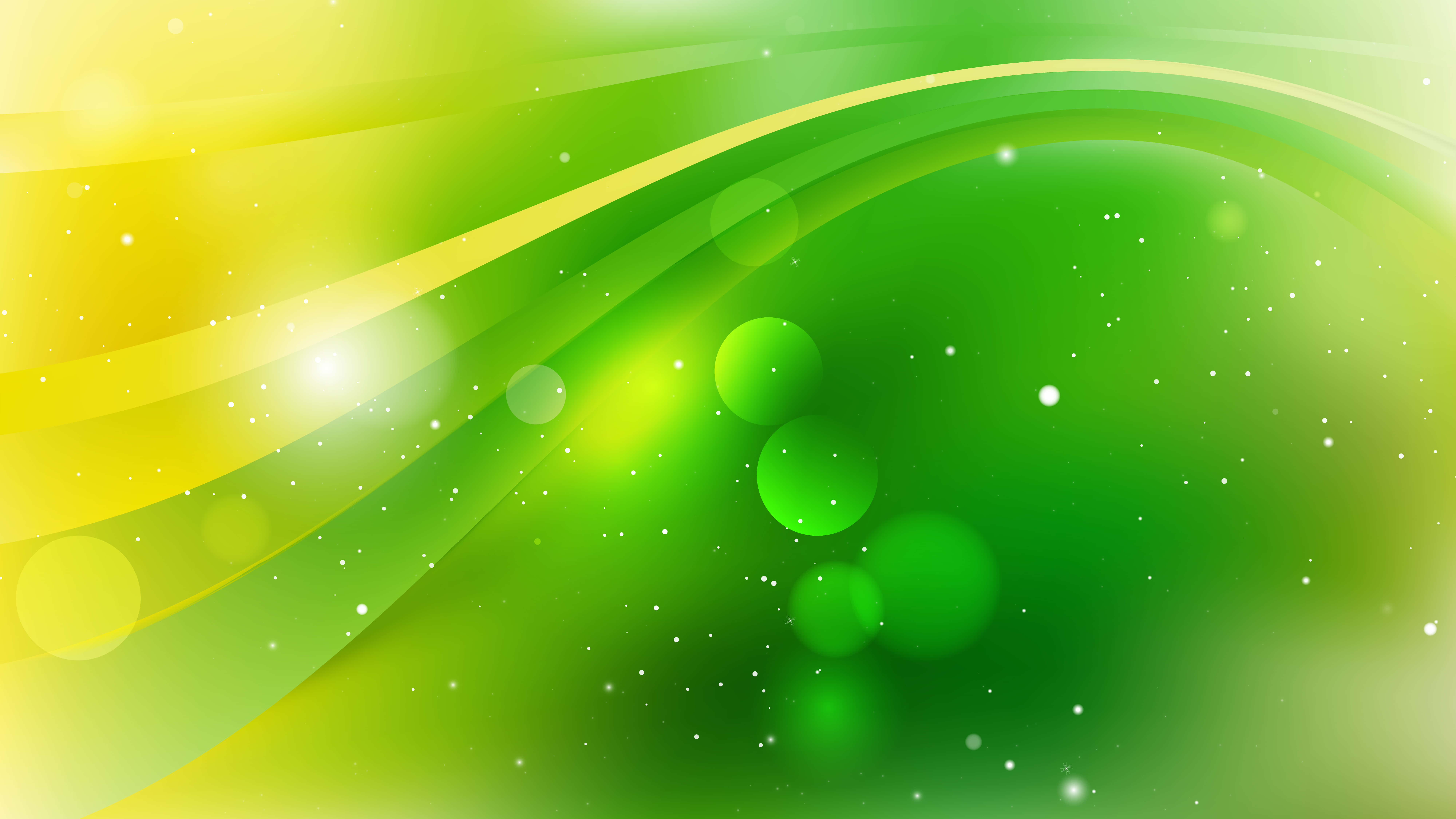 Abstract Green 桌布 壁紙 — 充滿活力的綠色和黃色抽象波浪，帶有發光球體和散景閃爍，營造出動態的數位背景。