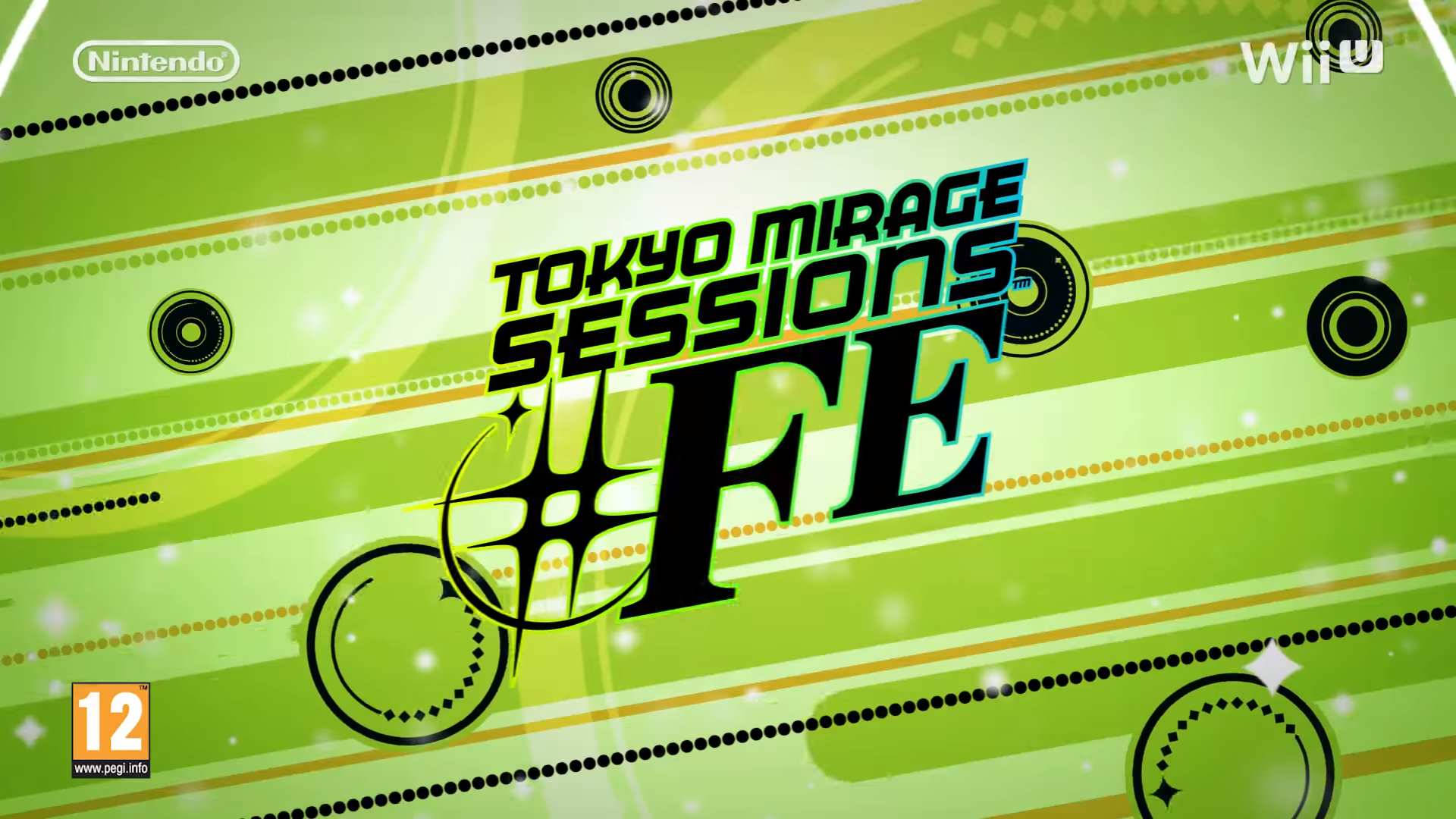 Tokyo Mirage Sessions FE 遊戲標題圖形，位於綠色和黃色條紋背景上。 — 東京迷幻 sessions 壁紙