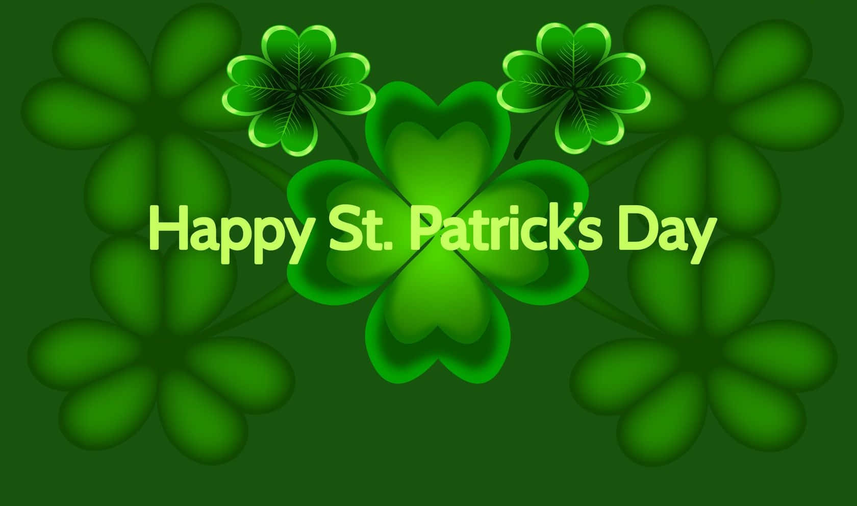 Saint Patricks Day 桌布 壁紙 — 充滿活力的綠色四葉草帶有發光邊緣，在深綠色背景上框出節日文字。