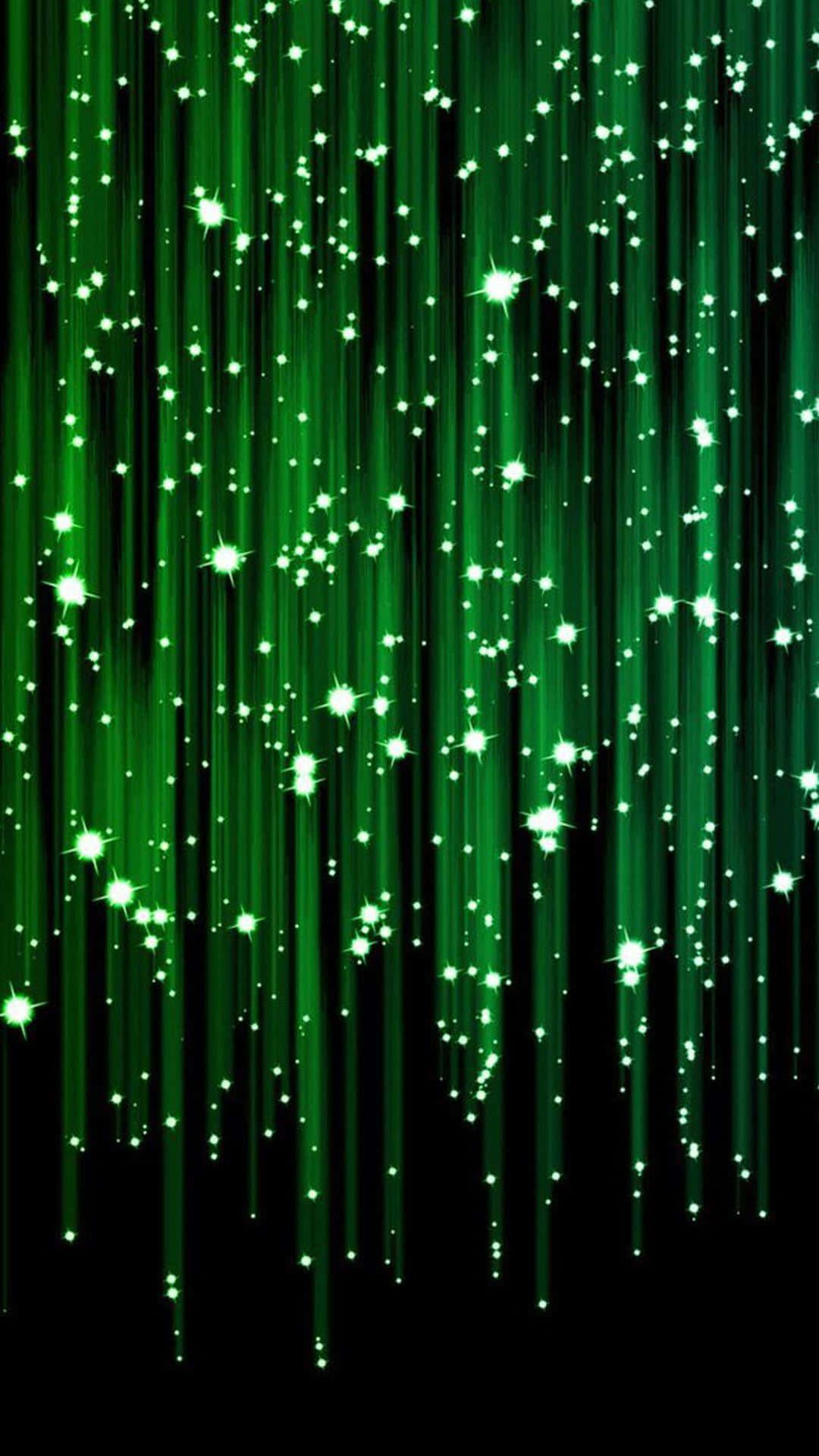 Green Galaxy 桌布 壁紙 — 充滿活力的綠色垂直光線像流星一樣在黑色背景上傾瀉而下。