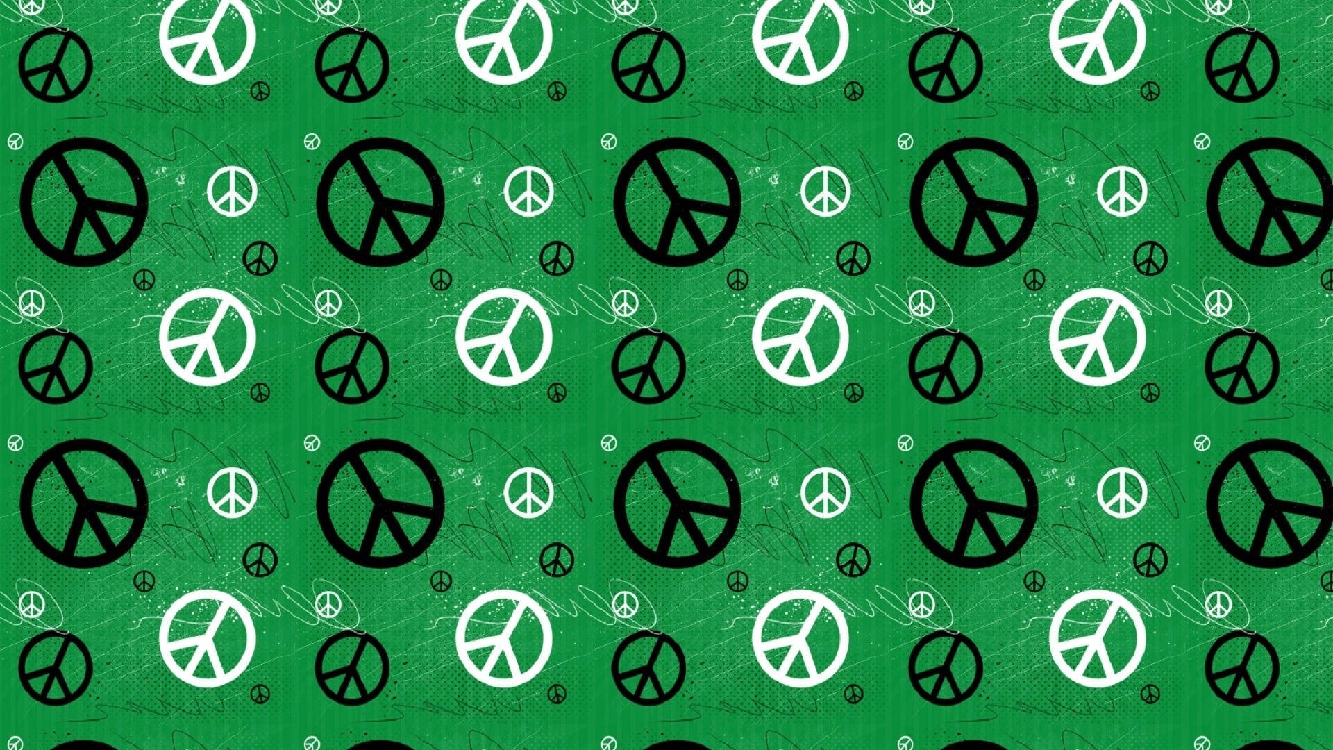 和平 桌布 壁紙 — 充滿活力的綠色壁紙，在紋理背景上散落著黑白和平符號。