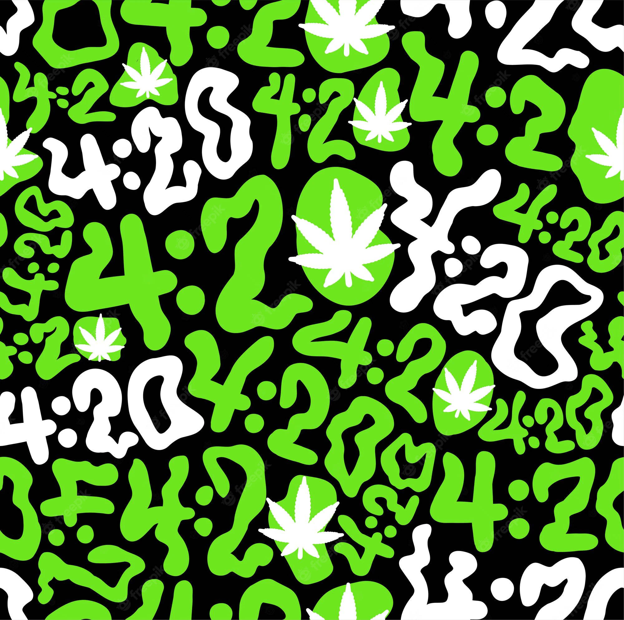 420 桌布 壁紙 — 充滿活力的綠色大麻葉和4:20時間戳圖案在黑色背景上以粗獷的塗鴉風格重複。