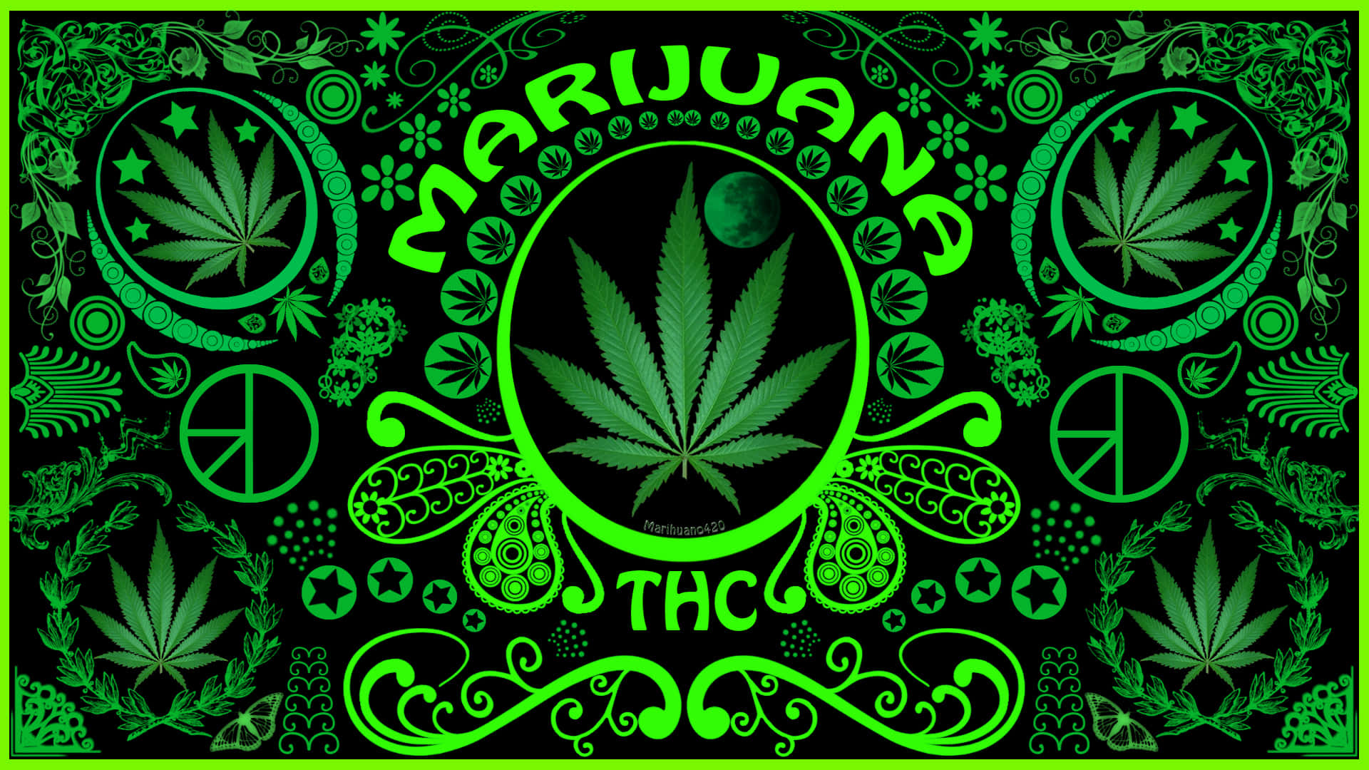 Marijuana Leaf 桌布 壁紙 — 充滿活力的綠色大麻葉圖案與和平符號在黑色背景上旋轉，呈現迷幻壁紙藝術。